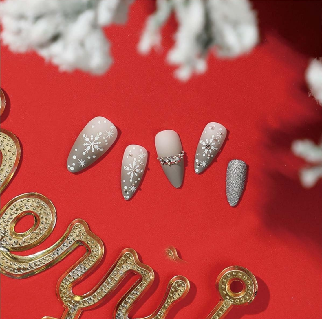 Glitter Snowflake Rhinestone Christmas Press-On Nails Acrylic False Nails-Free Shipping