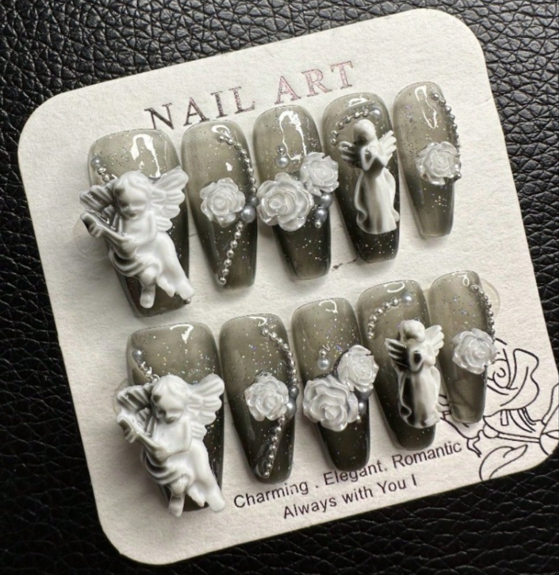 Angel Floral 3D Handcrafted Press-On Nails Acrylic Fake Nails-Free Shipping