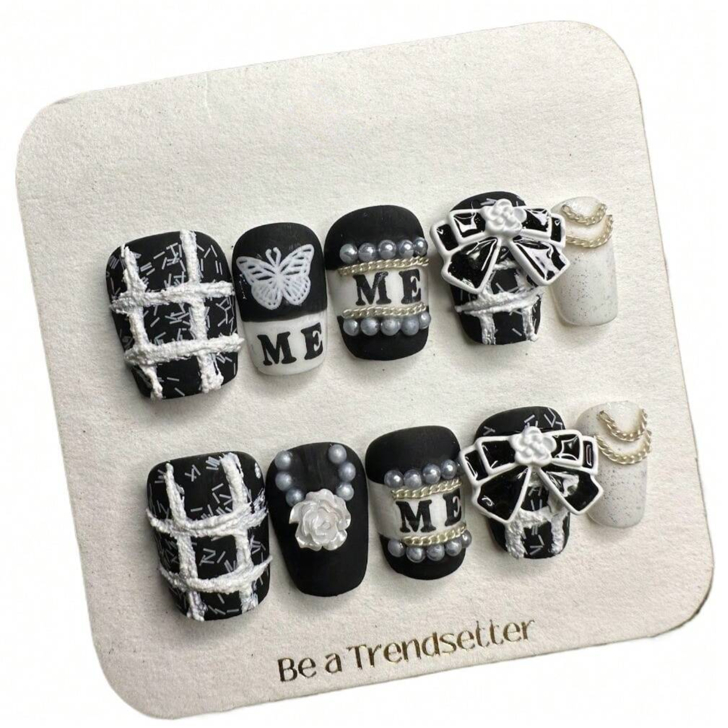 Unique “Me” Black White Bow Pearl 3D Handcrafted Press-On Nails Acrylic False Nails – Free Shipping