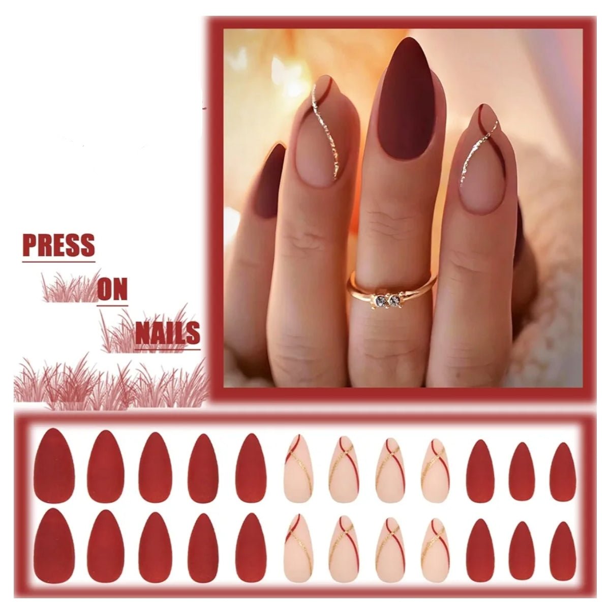 Brown Autumn Matte Almond Press-On Nails Fake Acrylic Nails- Free Shipping