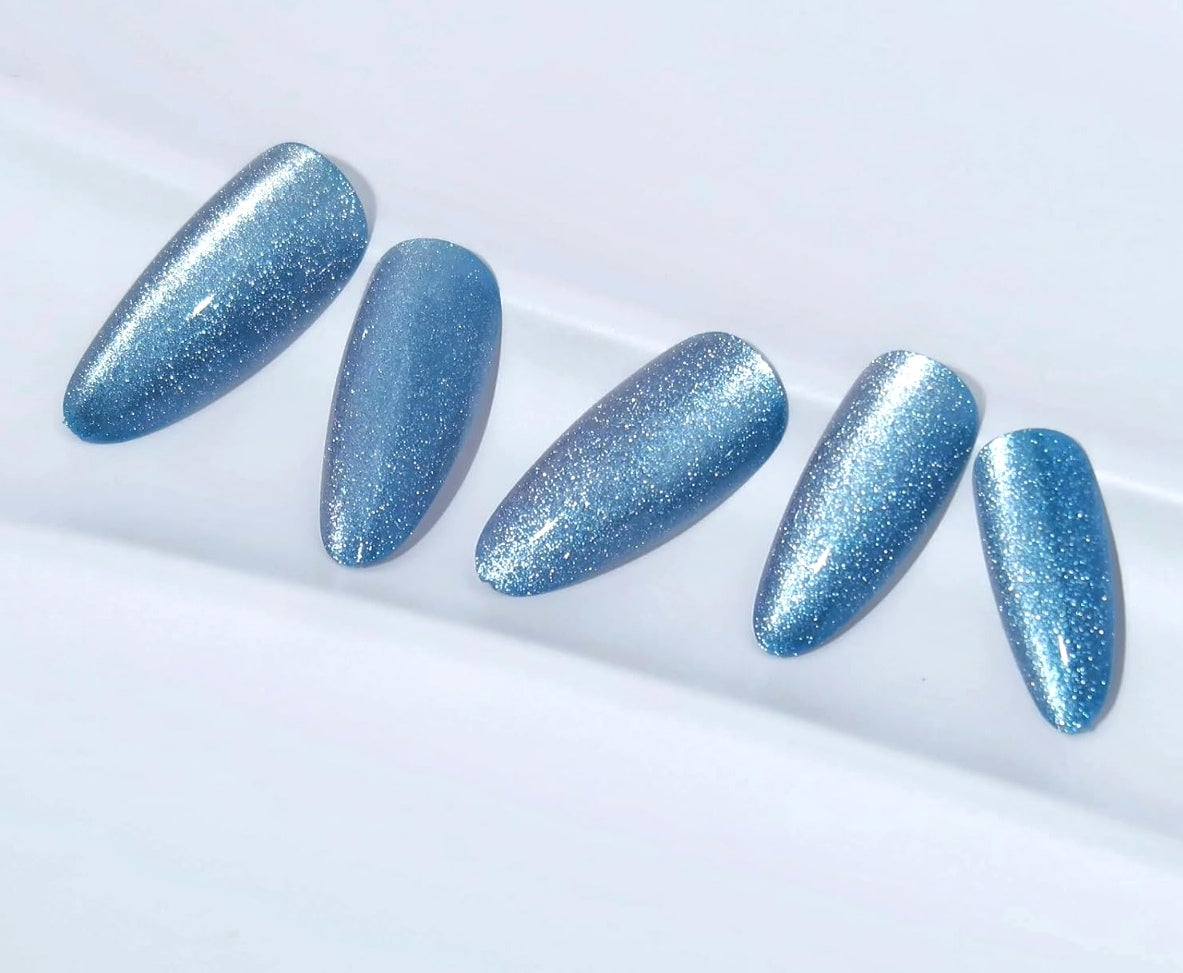 Cat Eye Glitter Almond Press on Acrylic Fake Nails-Free Shipping