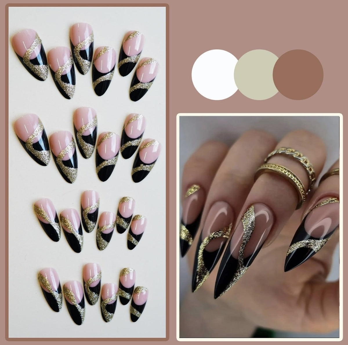 Elegant Black Gold Glitter Abstract French Tip Press-On Nails Acrylic False Nails - Free Shipping