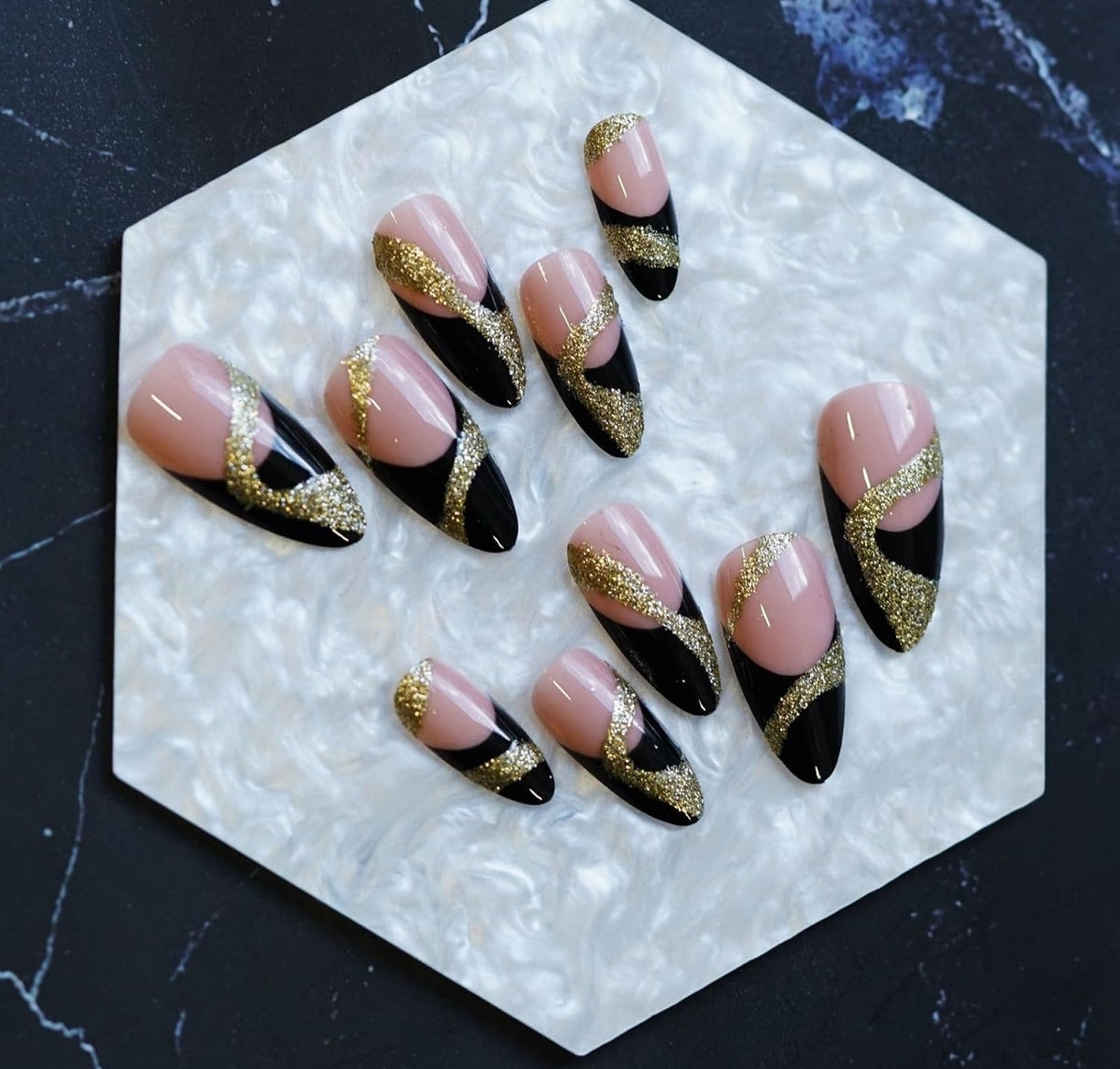 Elegant Black Gold Glitter Abstract French Tip Press-On Nails Acrylic False Nails - Free Shipping