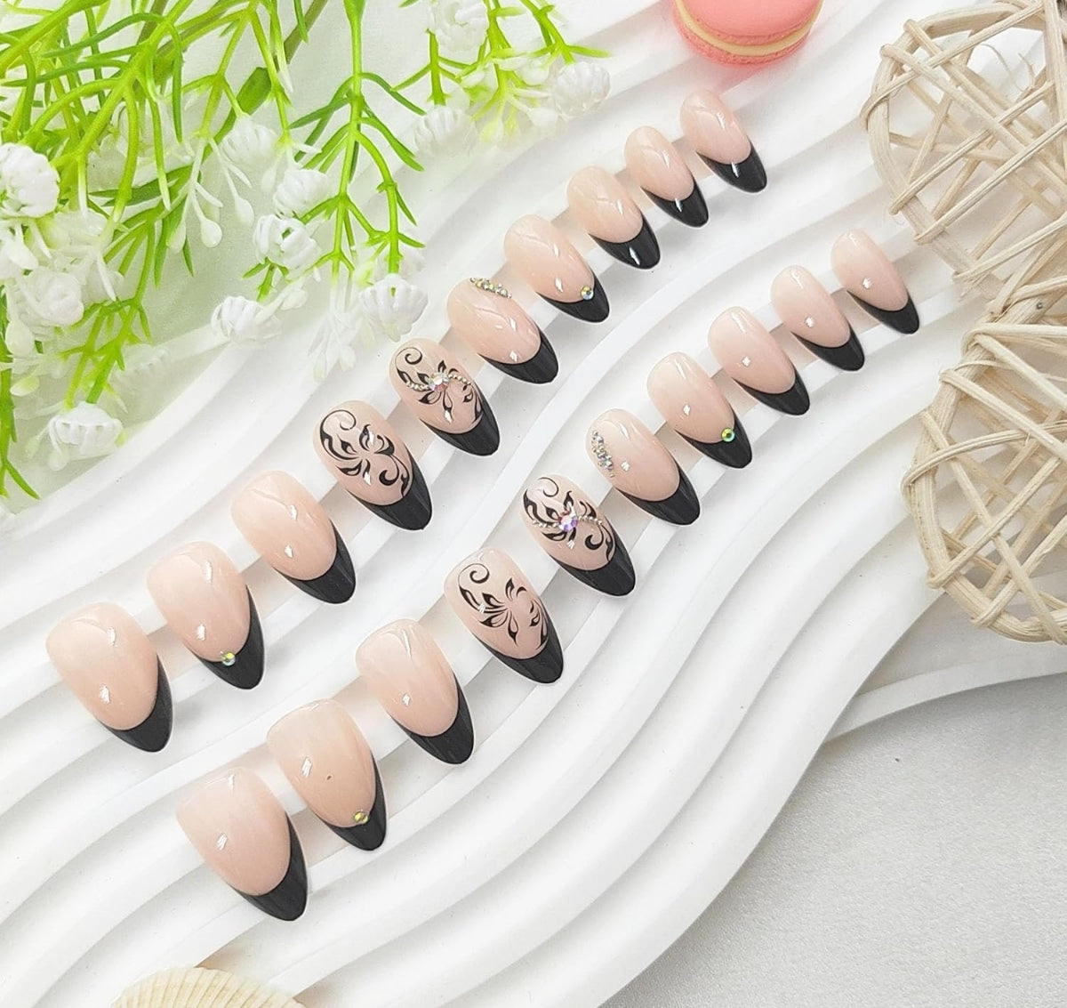 Chic Floral Rhinestone Black French Press-On Nails Acrylic Fake Nails-Free Shipping
