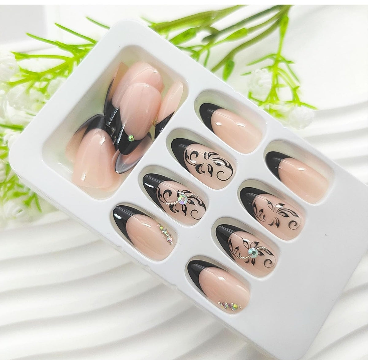Chic Floral Rhinestone Black French Press-On Nails Acrylic Fake Nails-Free Shipping