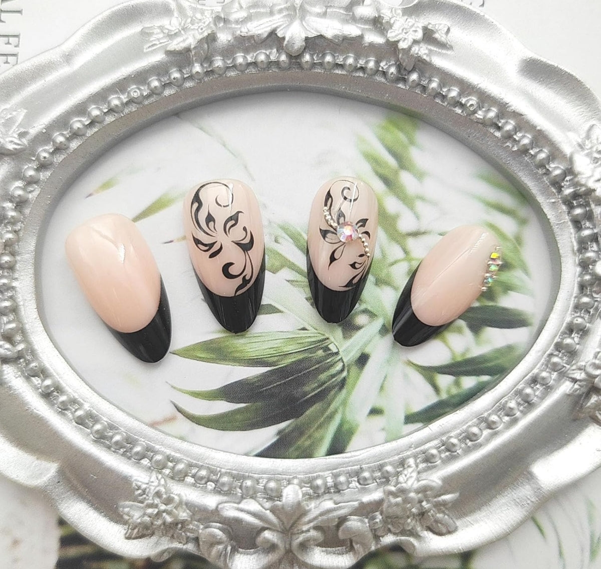 Chic Floral Rhinestone Black French Press-On Nails Acrylic Fake Nails-Free Shipping