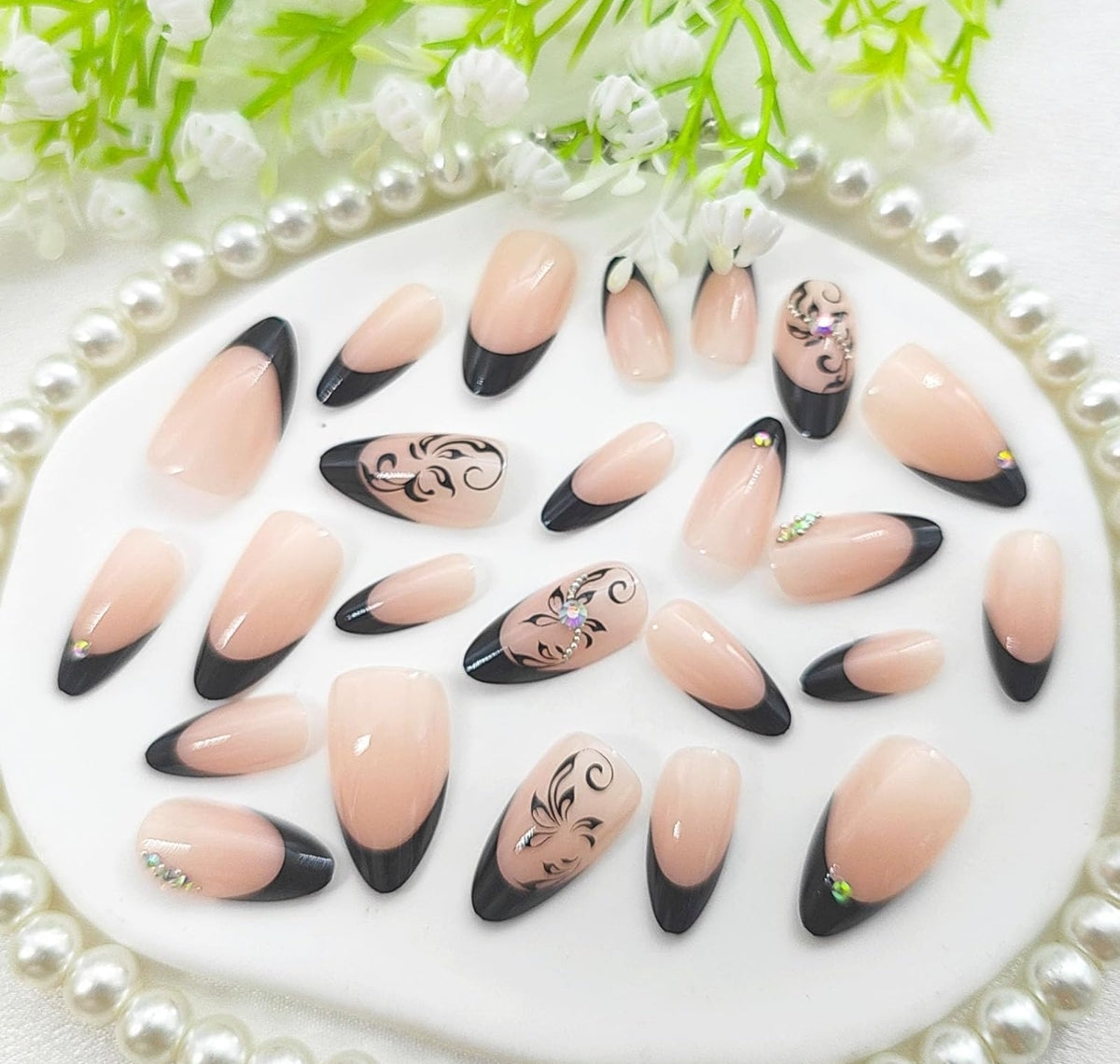 Chic Floral Rhinestone Black French Press-On Nails Acrylic Fake Nails-Free Shipping