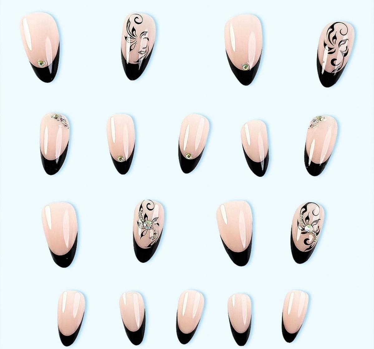 Chic Floral Rhinestone Black French Press-On Nails Acrylic Fake Nails-Free Shipping