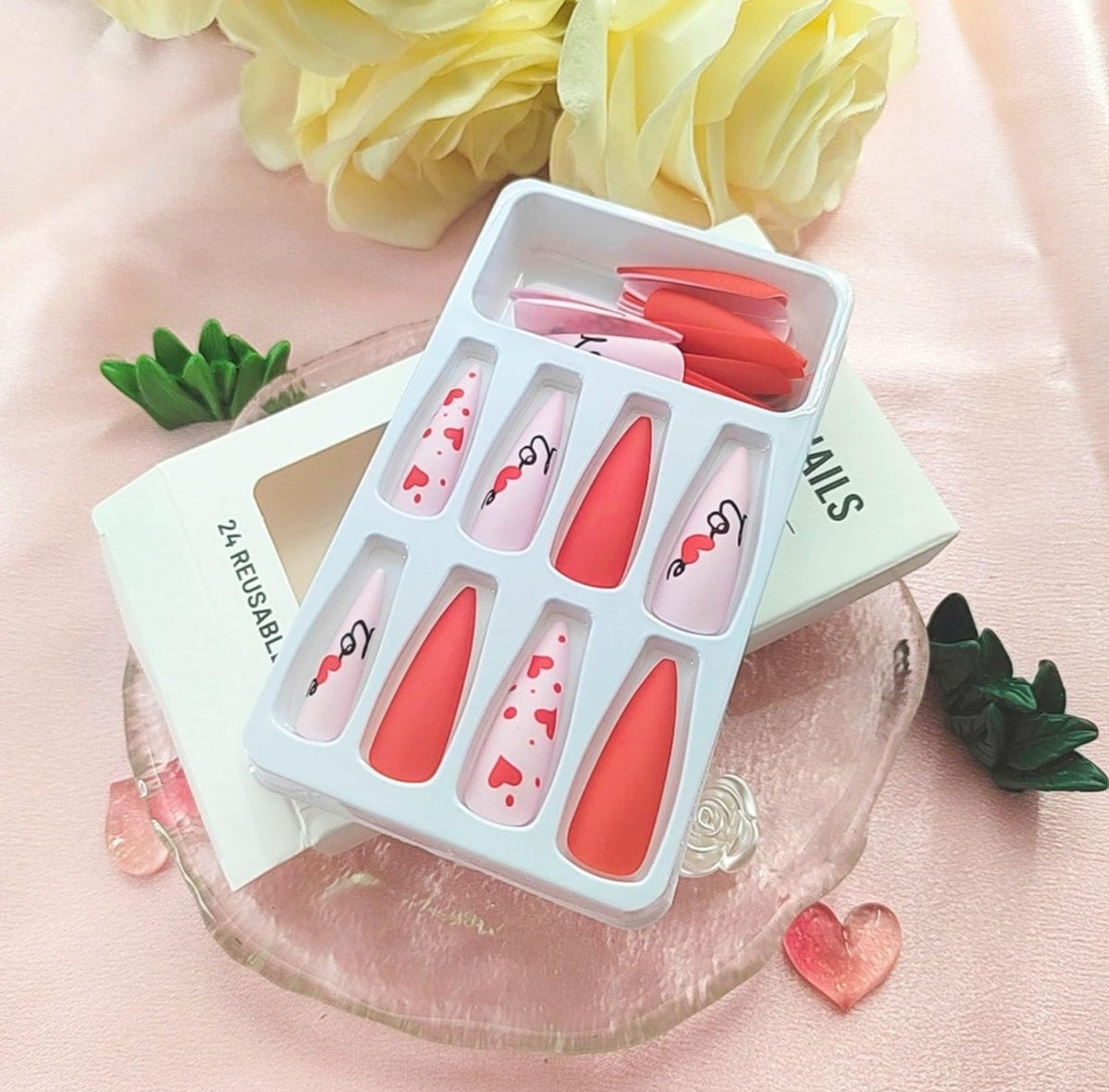 Red Pink Love Heart Stiletto Matte Valentine's Press-On Nails Acrylic False Nails - Free Shipping