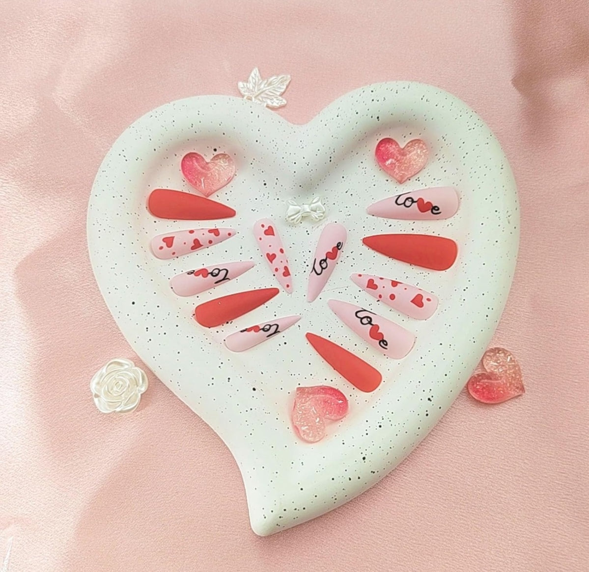 Red Pink Love Heart Stiletto Matte Valentine's Press-On Nails Acrylic False Nails - Free Shipping