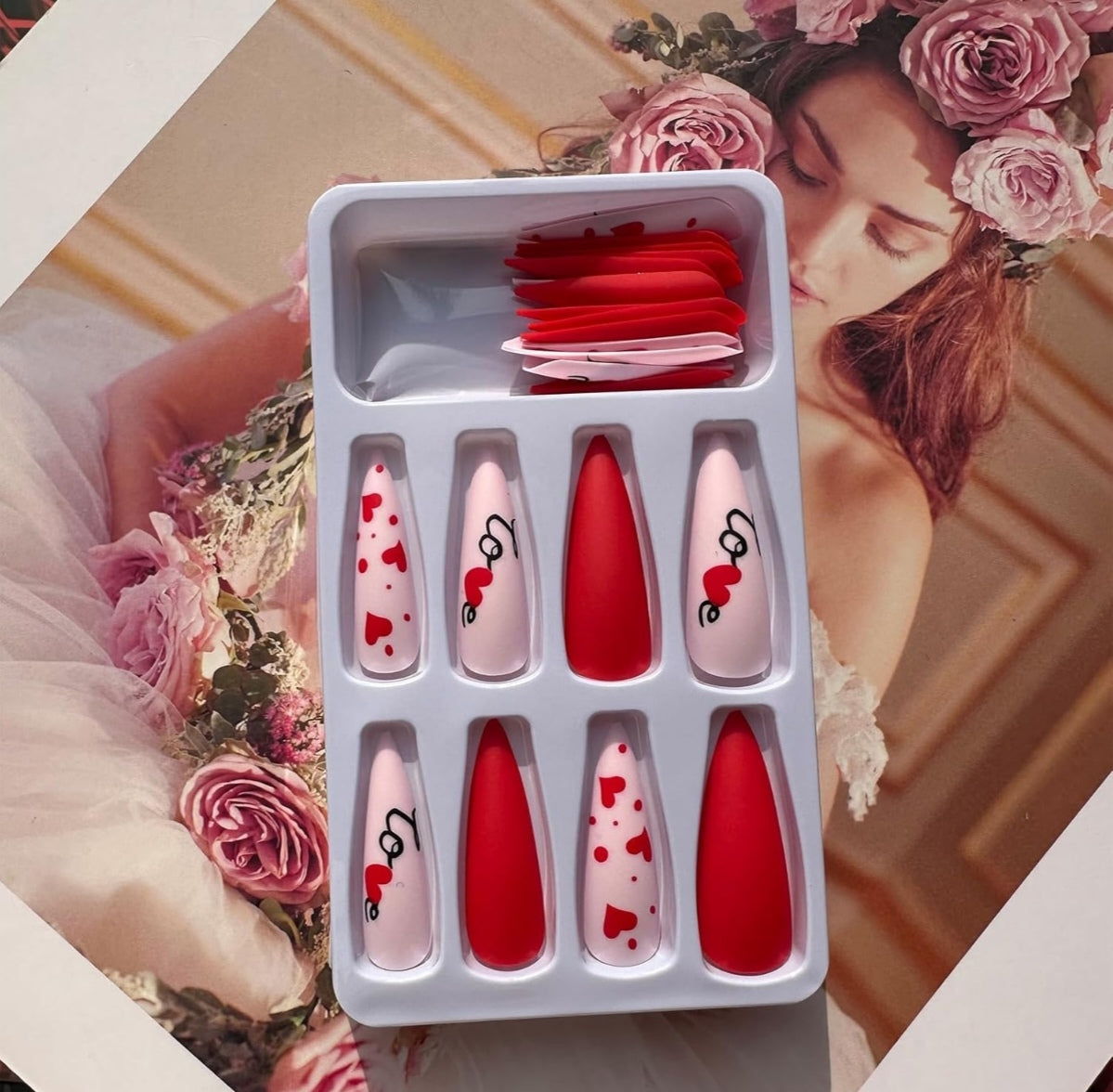 Red Pink Love Heart Stiletto Matte Valentine's Press-On Nails Acrylic False Nails - Free Shipping