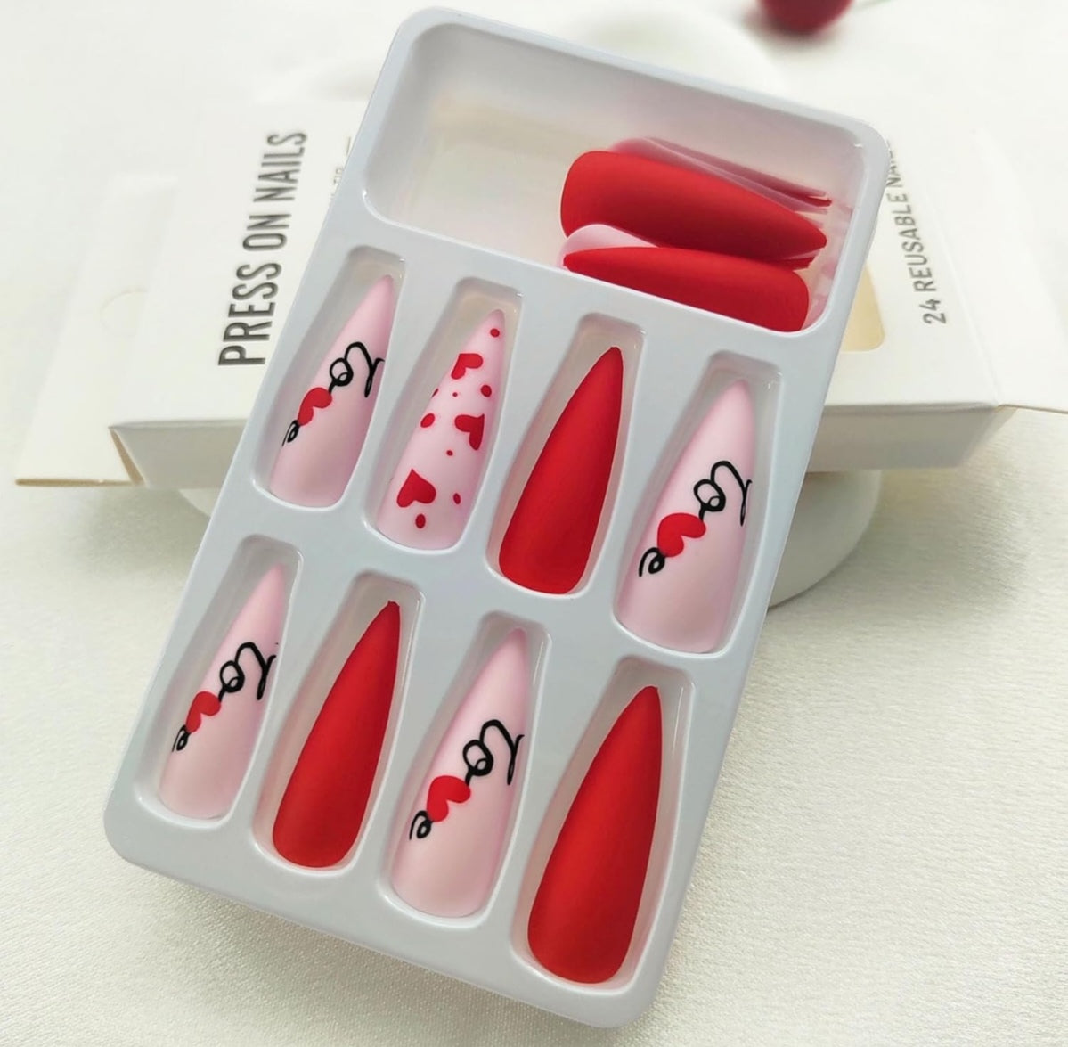 Red Pink Love Heart Stiletto Matte Valentine's Press-On Nails Acrylic False Nails - Free Shipping