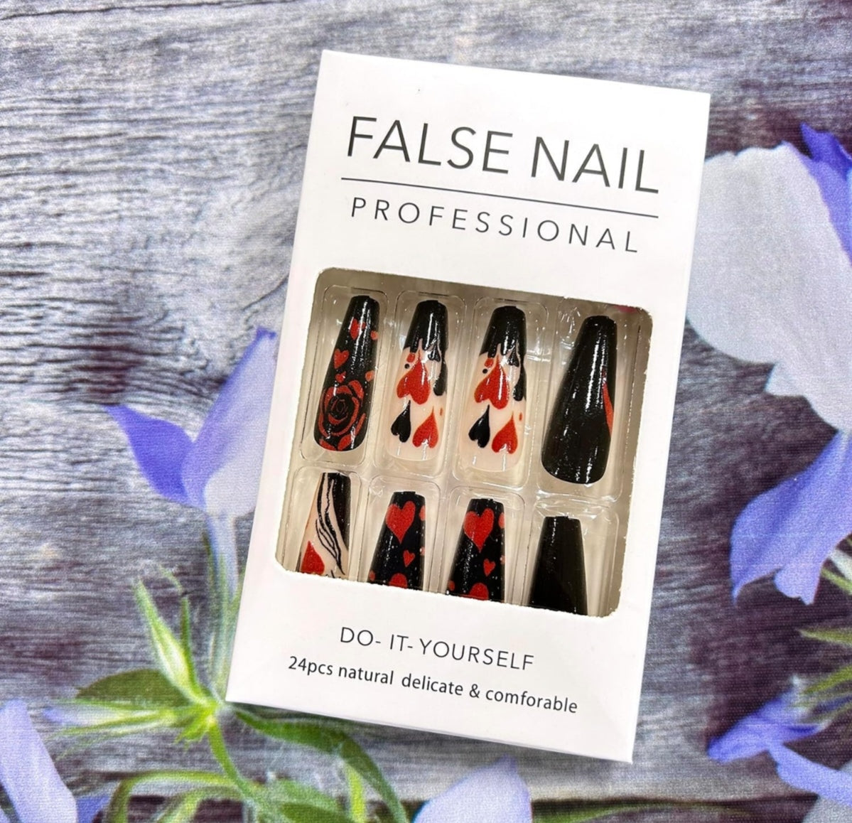 Black Red Heart Rose Coffin Valentine's Press-On Nails Acrylic Fake Nails-Free Shipping