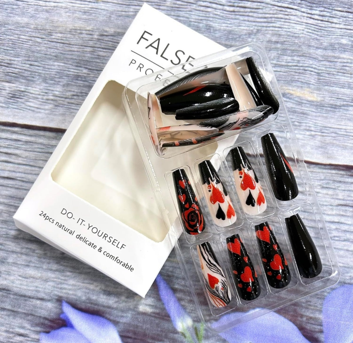 Black Red Heart Rose Coffin Valentine's Press-On Nails Acrylic Fake Nails-Free Shipping