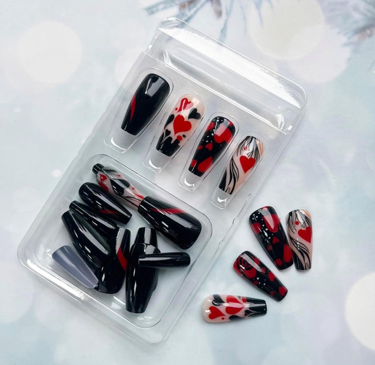 Black Red Heart Rose Coffin Valentine's Press-On Nails Acrylic Fake Nails-Free Shipping