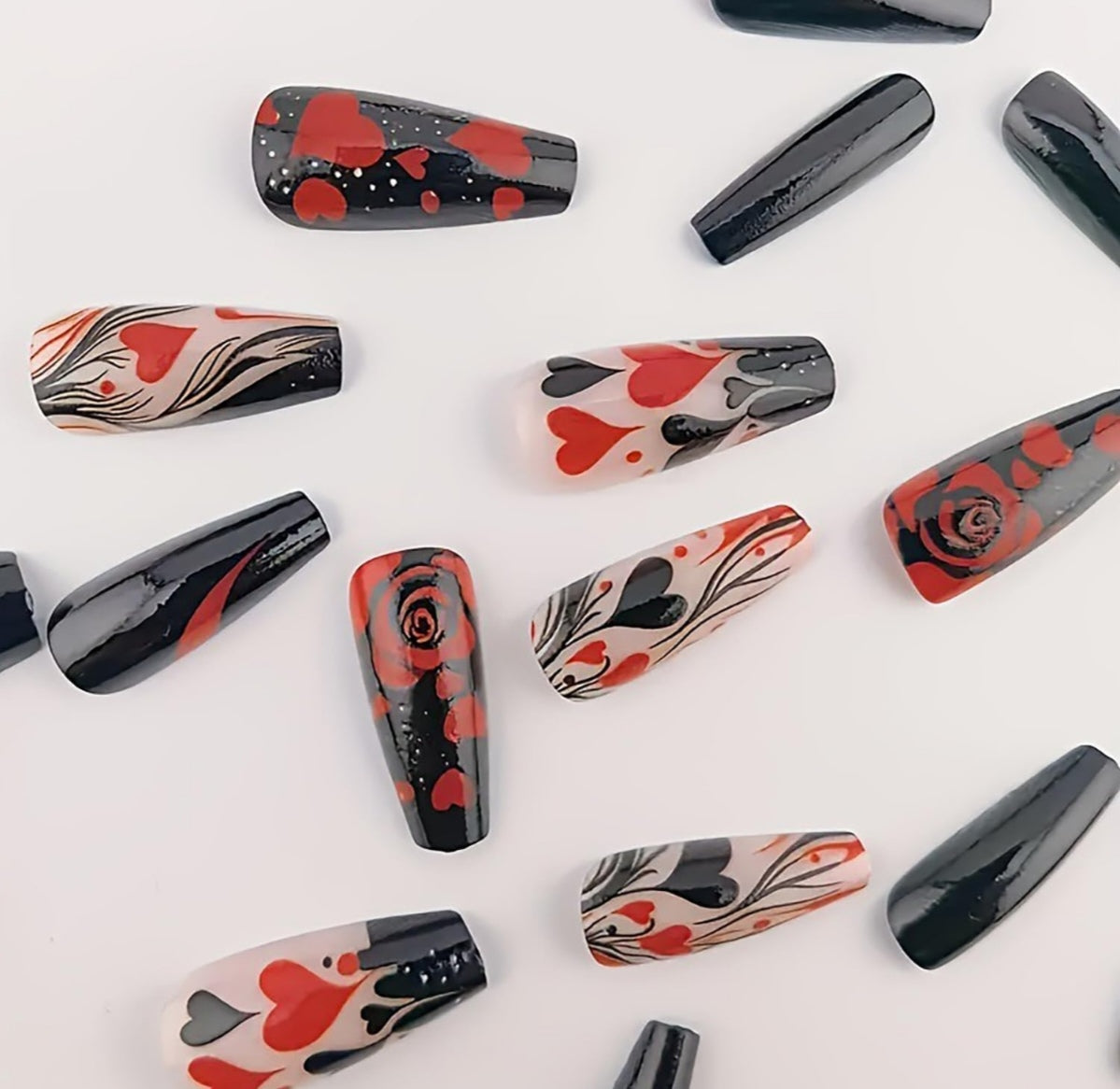 Black Red Heart Rose Coffin Valentine's Press-On Nails Acrylic Fake Nails-Free Shipping