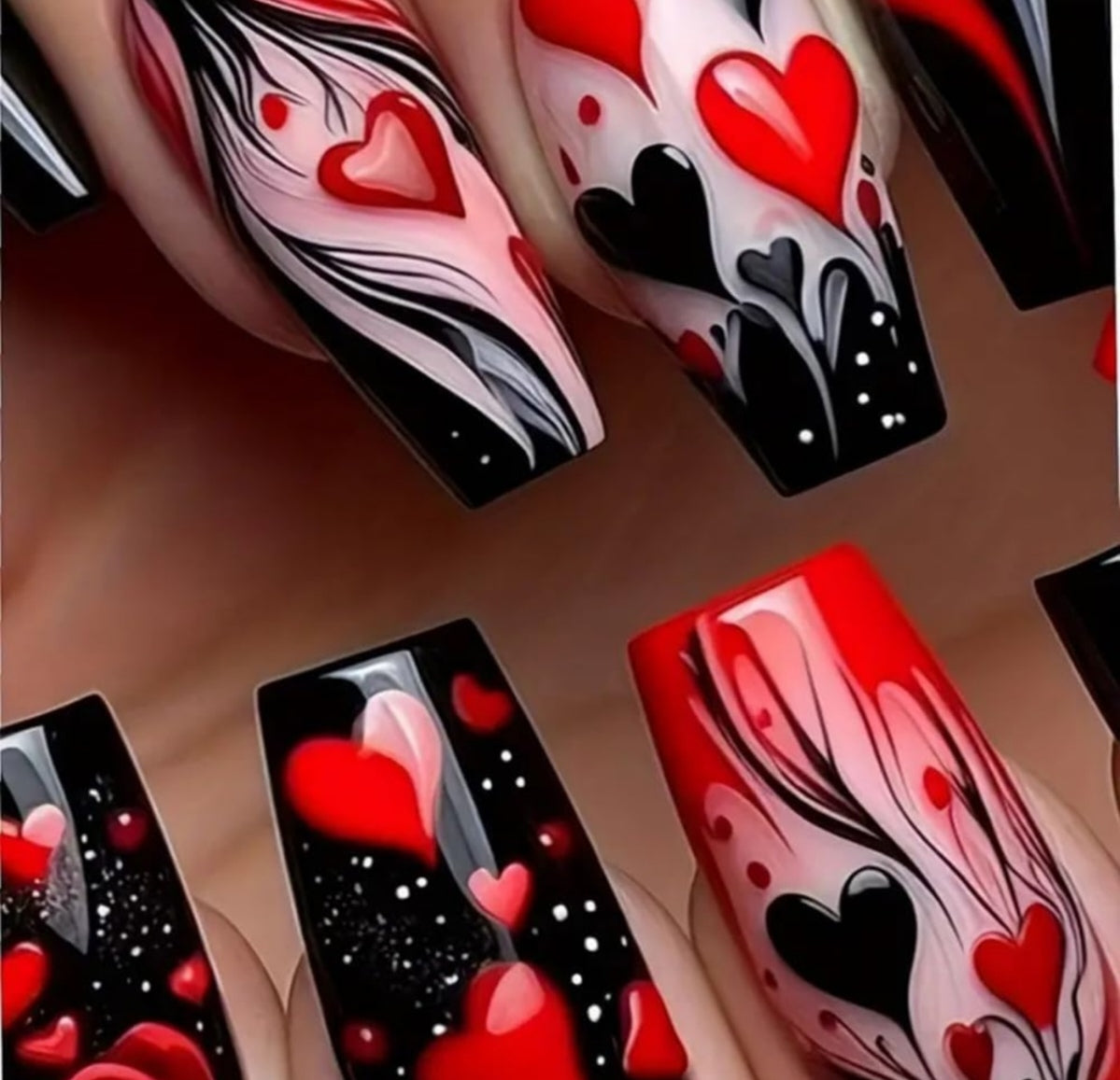 Black Red Heart Rose Coffin Valentine's Press-On Nails Acrylic Fake Nails-Free Shipping