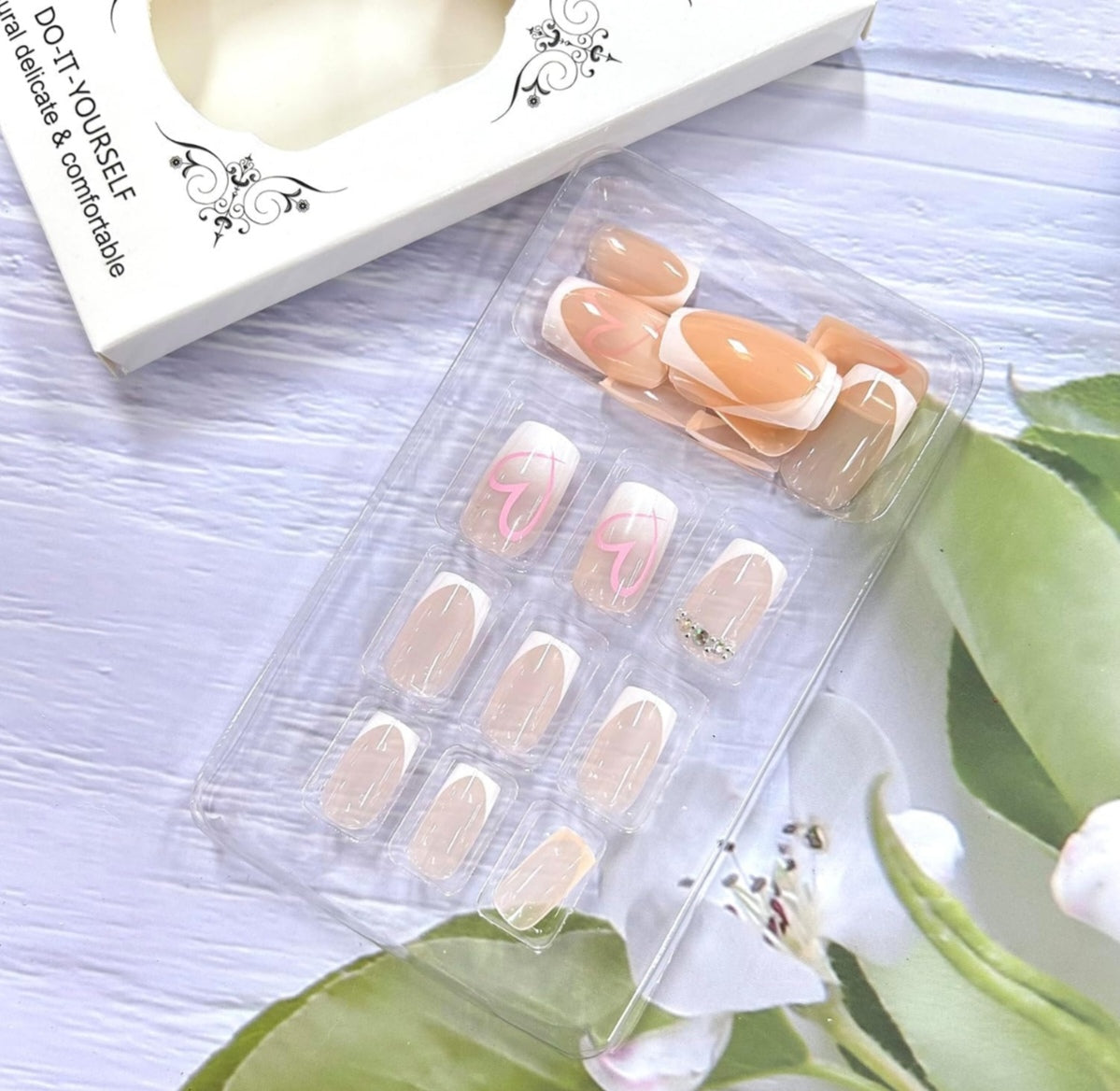 Trendy Pink Heart Rhinestone French Square Press-On Nails Acrylic Fake Nails - Free Shipping