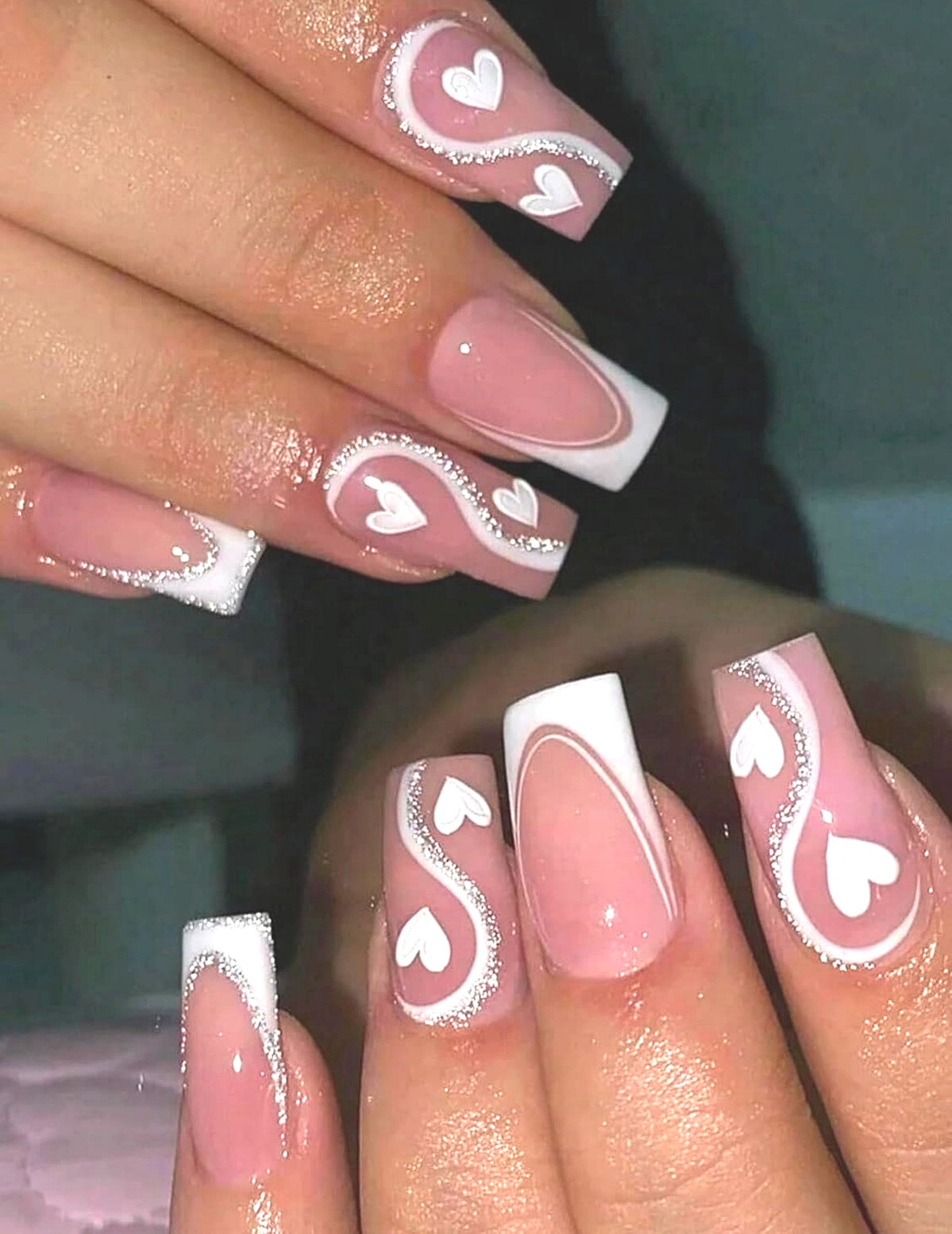 Abstract Heart Glitter French Tip Press on Nails Acrylic False Nails-Free Shipping
