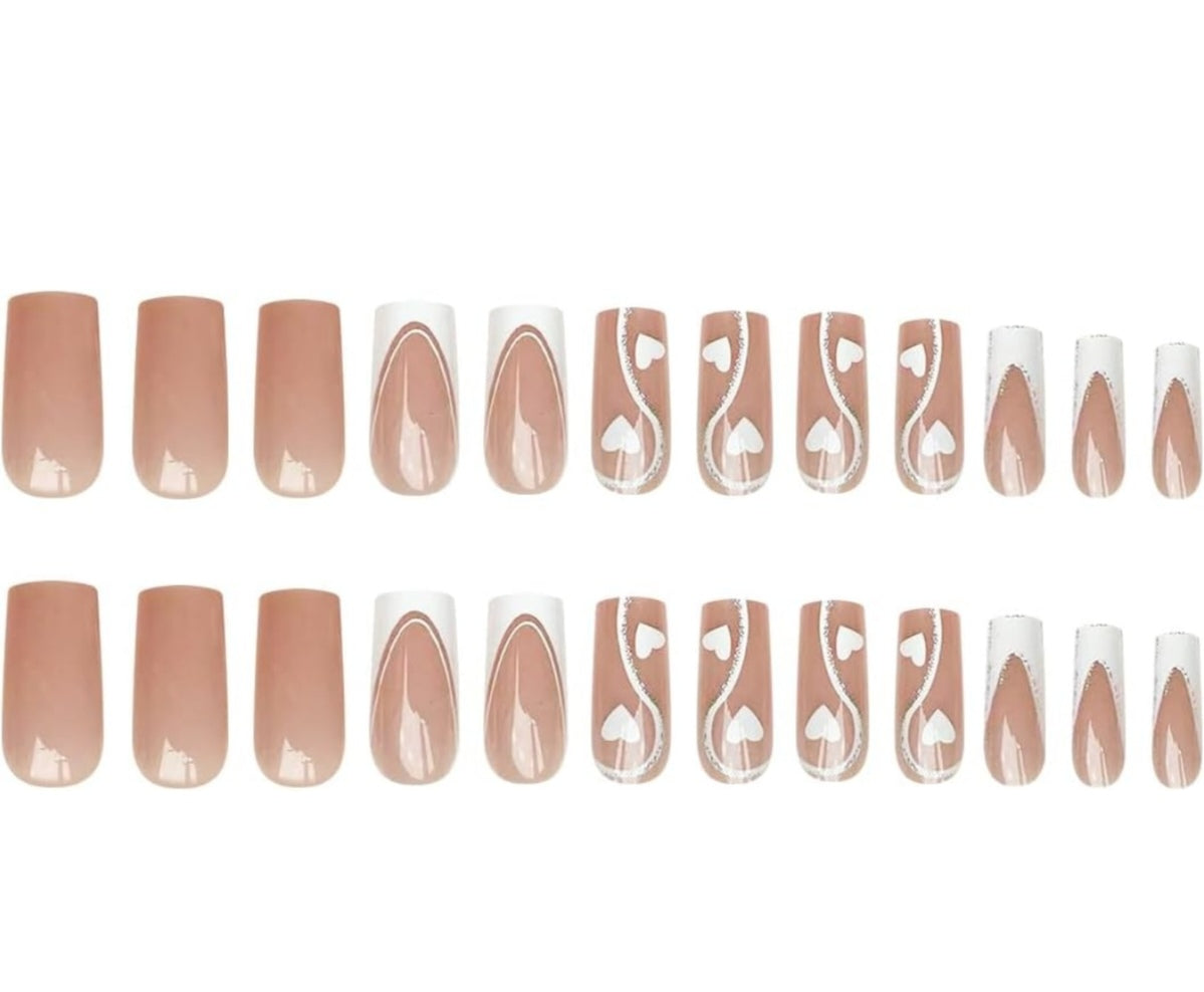 Abstract Heart Glitter French Tip Press on Nails Acrylic False Nails-Free Shipping