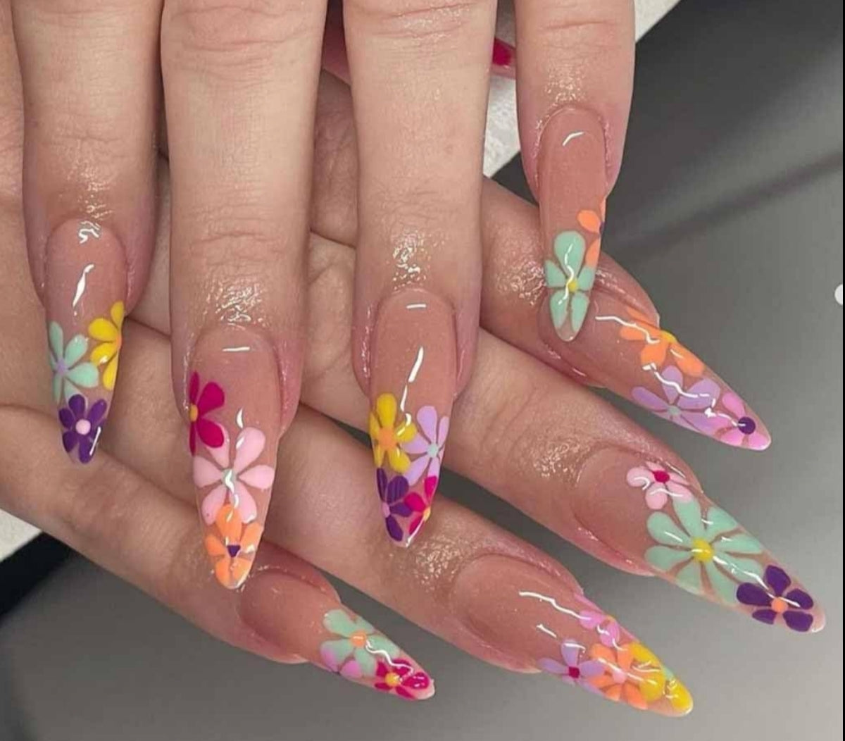 Colorful Floral Blooms Long Stiletto Press-On Nails Acrylic False Nails-Free Shipping
