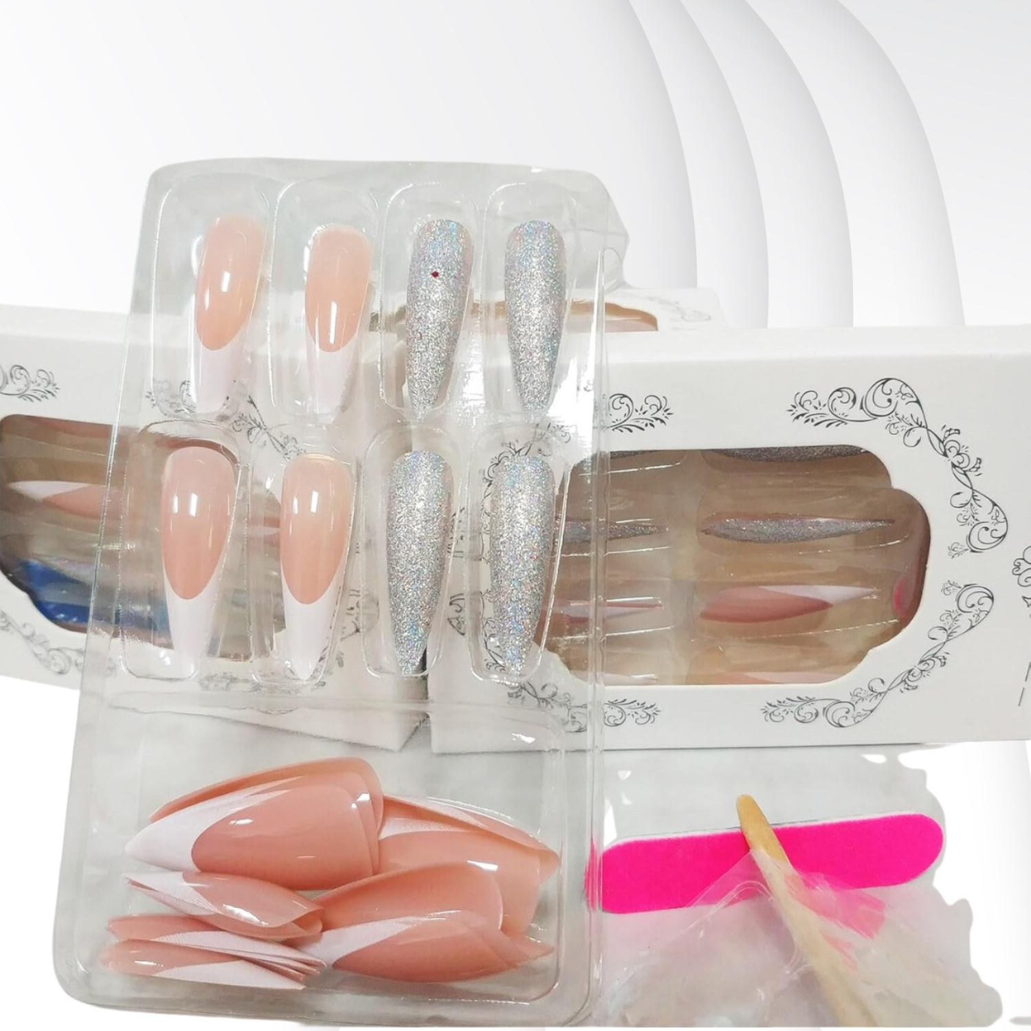 Stiletto Long Press On Nail French Tip Silver White-Free Shipping - Lady Luana Luxe Nails