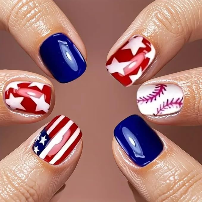 Stylish Patriotic Baseball American Flag Press-On Nails Fake Artificial Nails 24 Pcs-Free Shipping