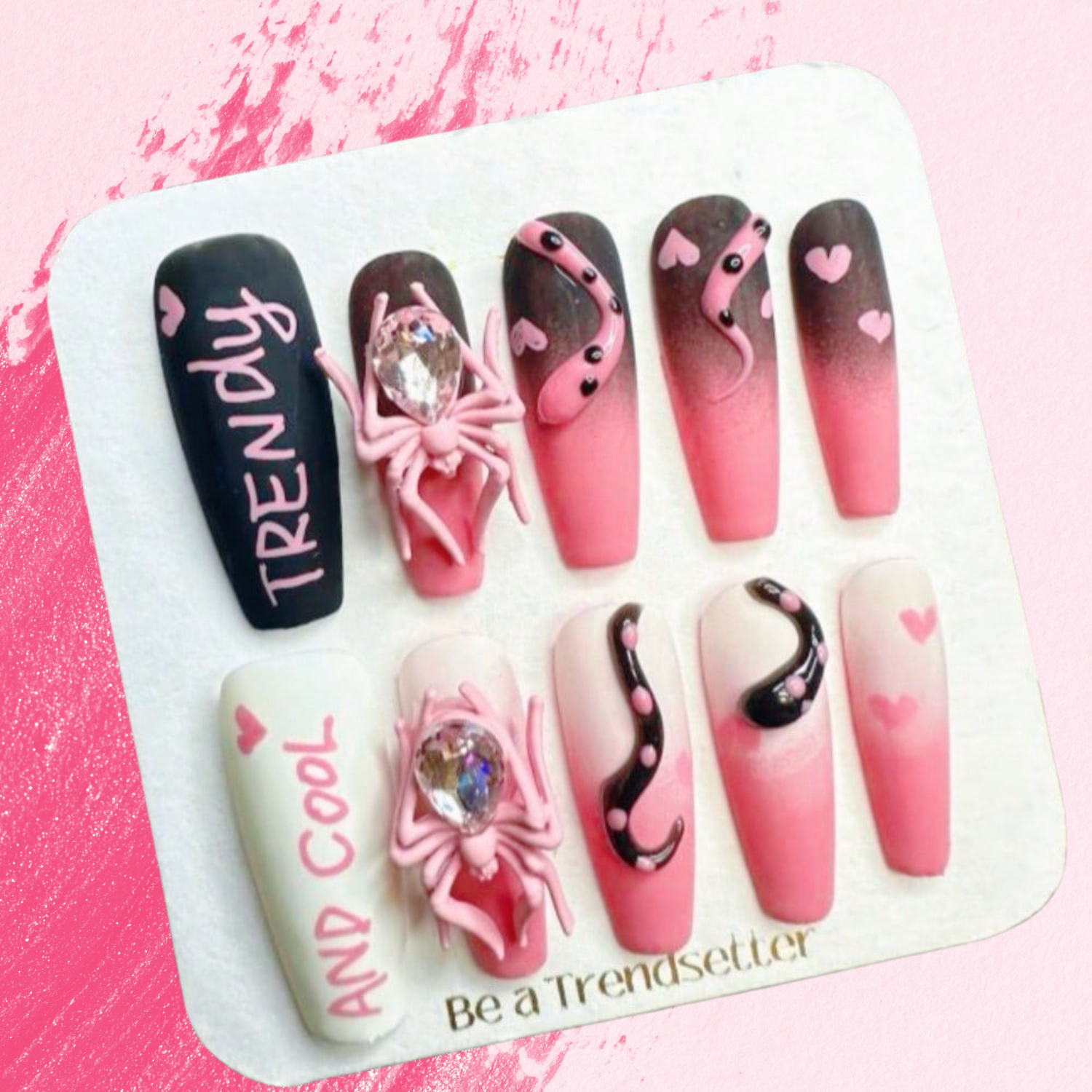 Trendy Pink Black 3D Spider Rhinestone Handcrafted Press-On Nails Acrylic False Nails-Free Shipping