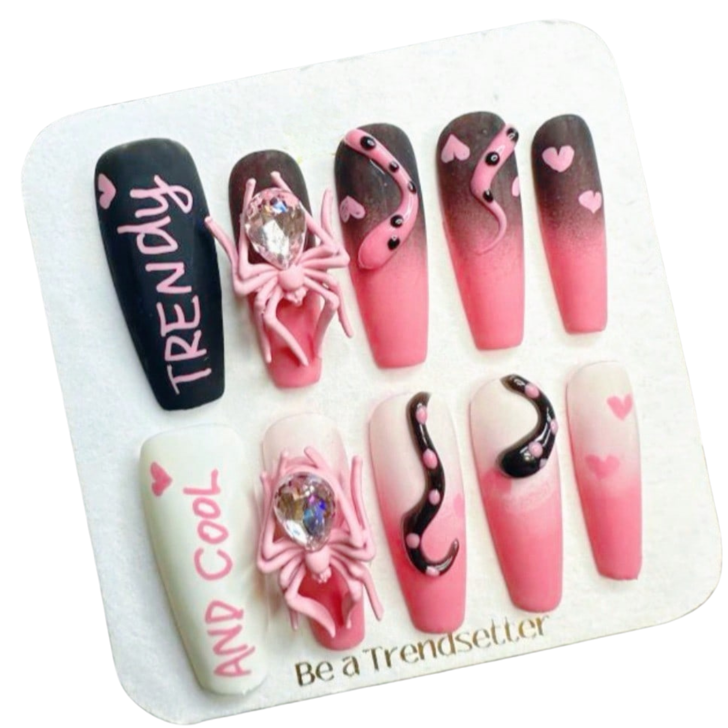 Trendy Pink Black 3D Spider Rhinestone Handcrafted Press-On Nails Acrylic False Nails-Free Shipping