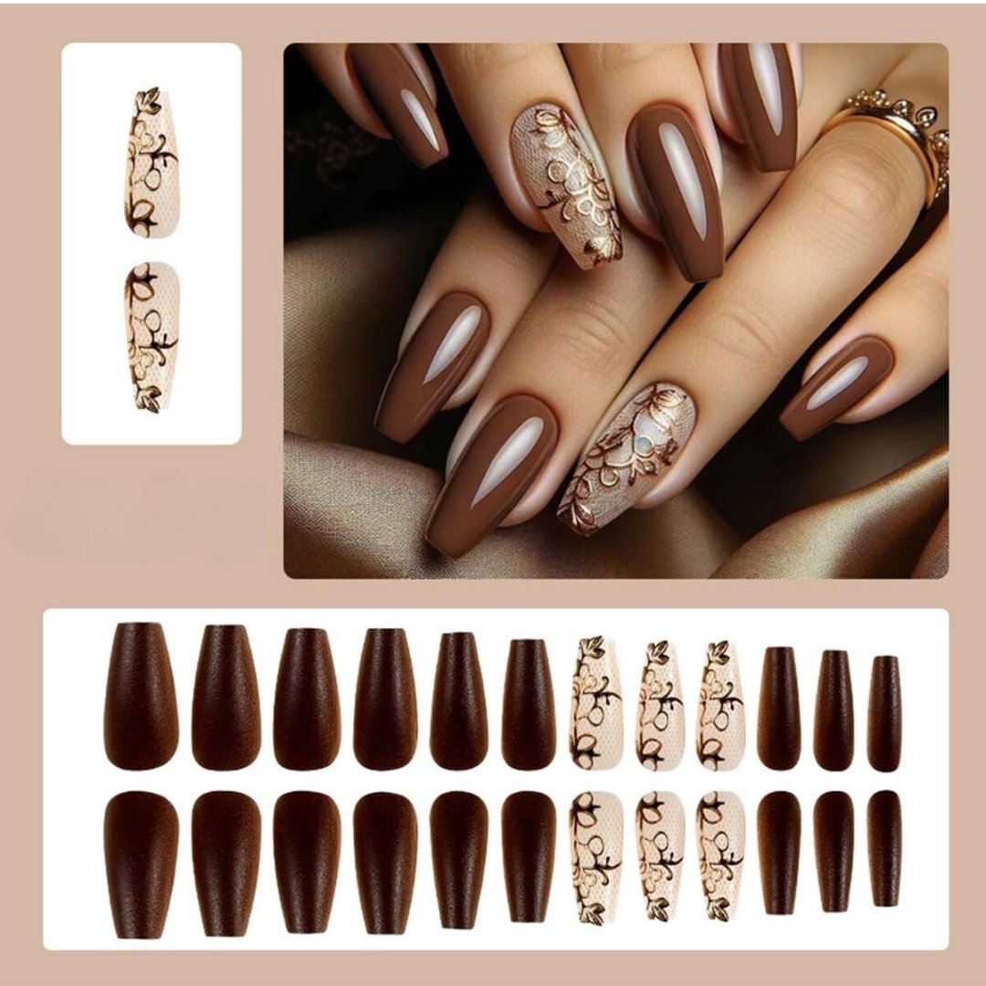 Brown Embossed 3D Lace Press-On Nails False Nails - Free Shipping