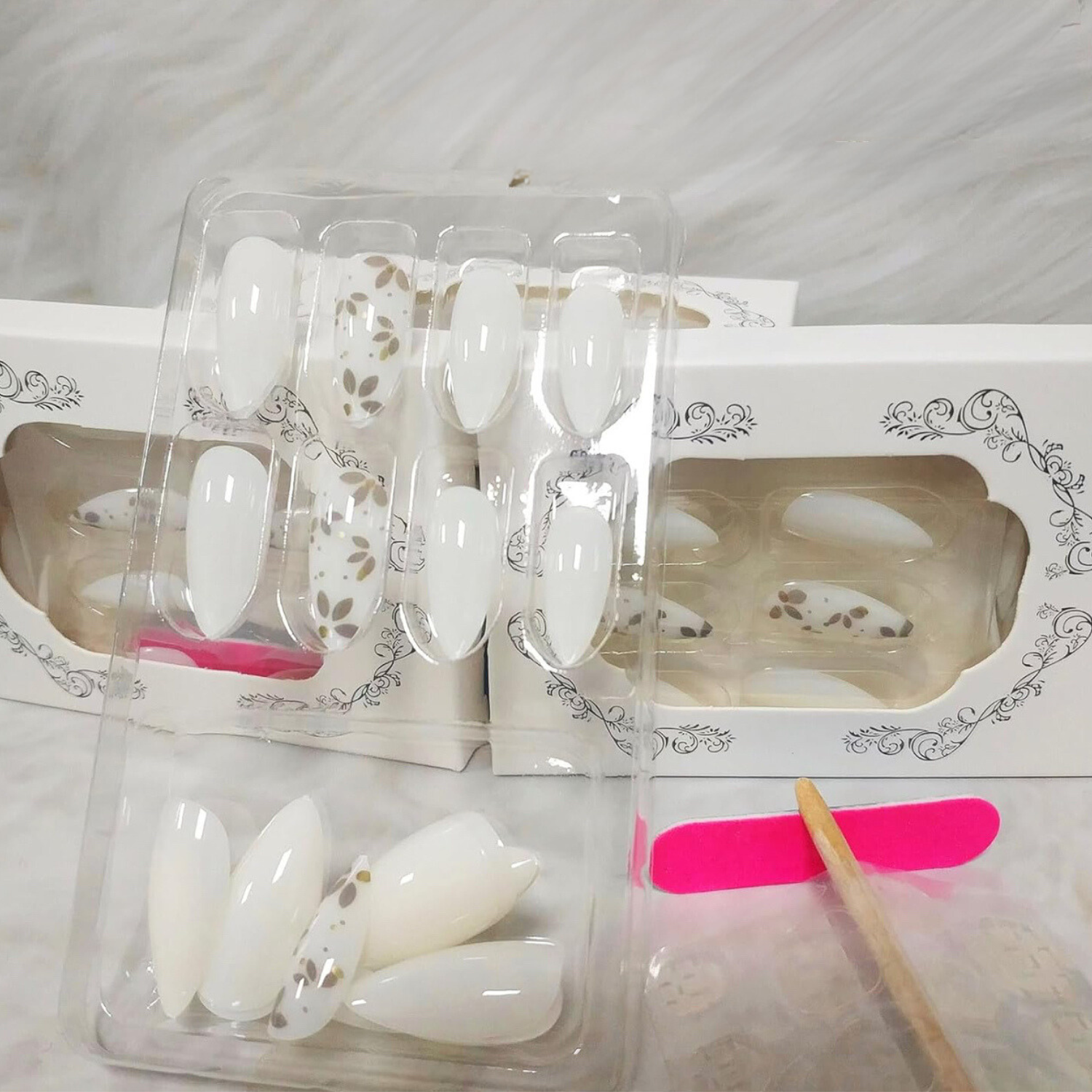 Stylish White Leaf Almond Press on Nails Fake Acrylic Gel on Nails - Free Shipping
