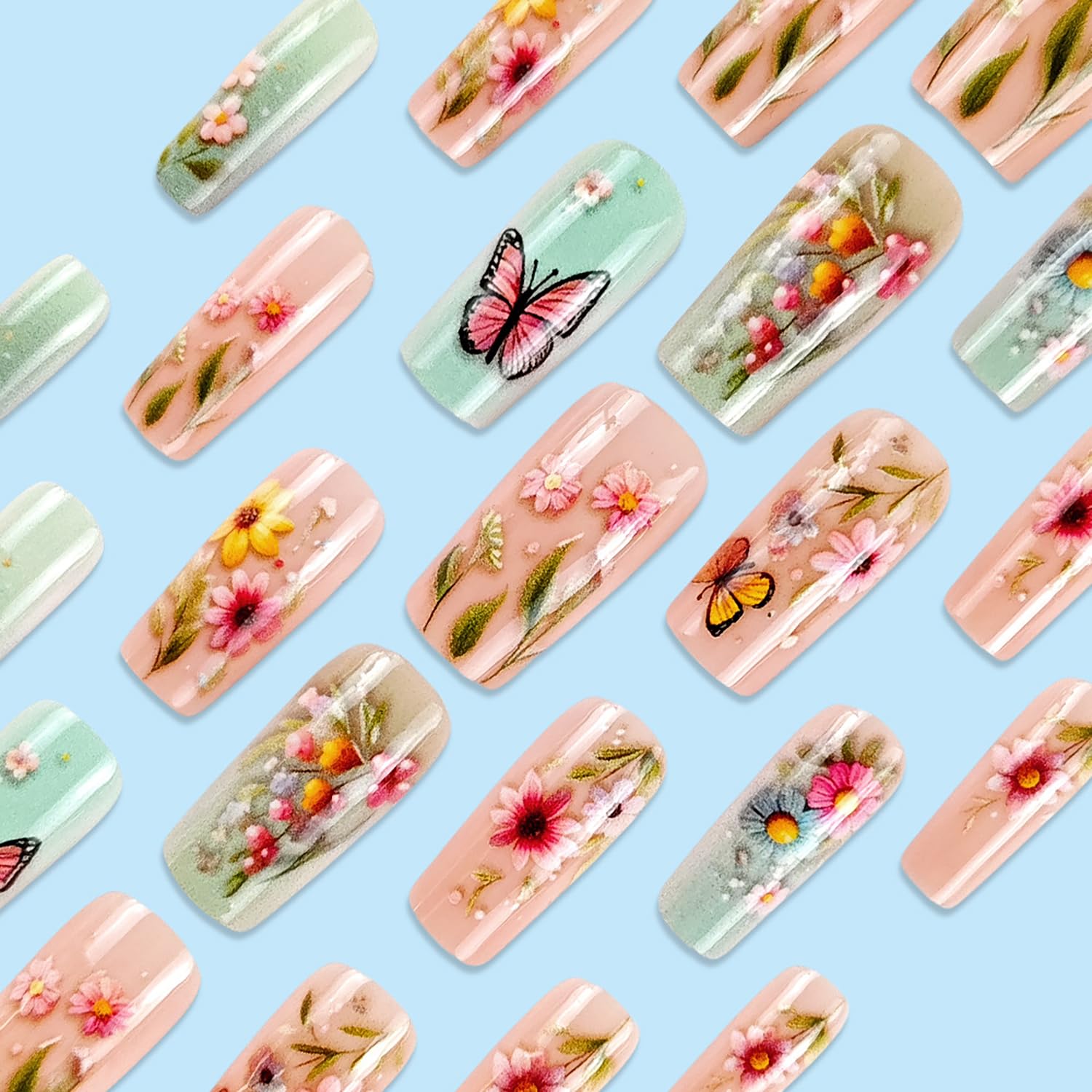 Cute Spring Floral Butterfly Coffin Press-On Nails Artificial Nails 24 Pcs - Free Shipping