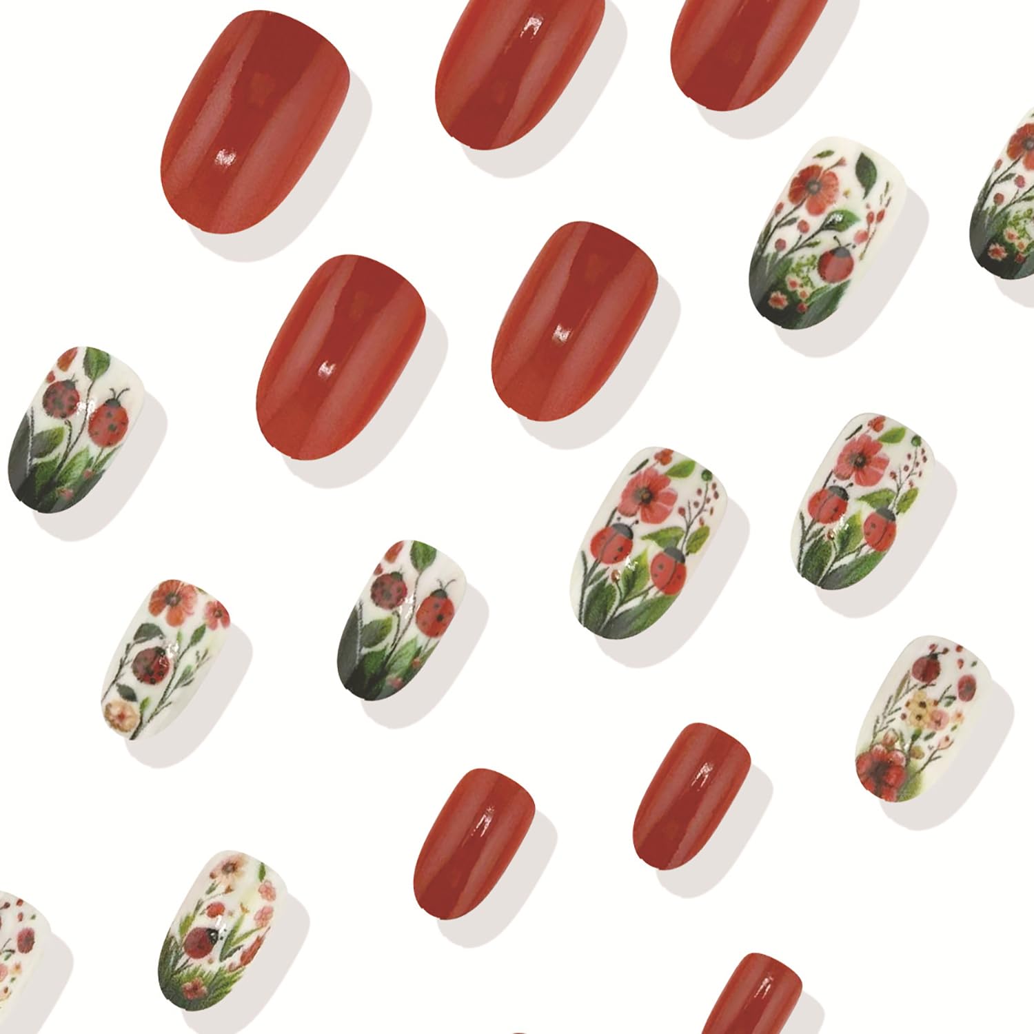 Cute Ladybug Floral Spring Ombre Press-On Nails Artificial Nails 24 Pcs - Free Shipping