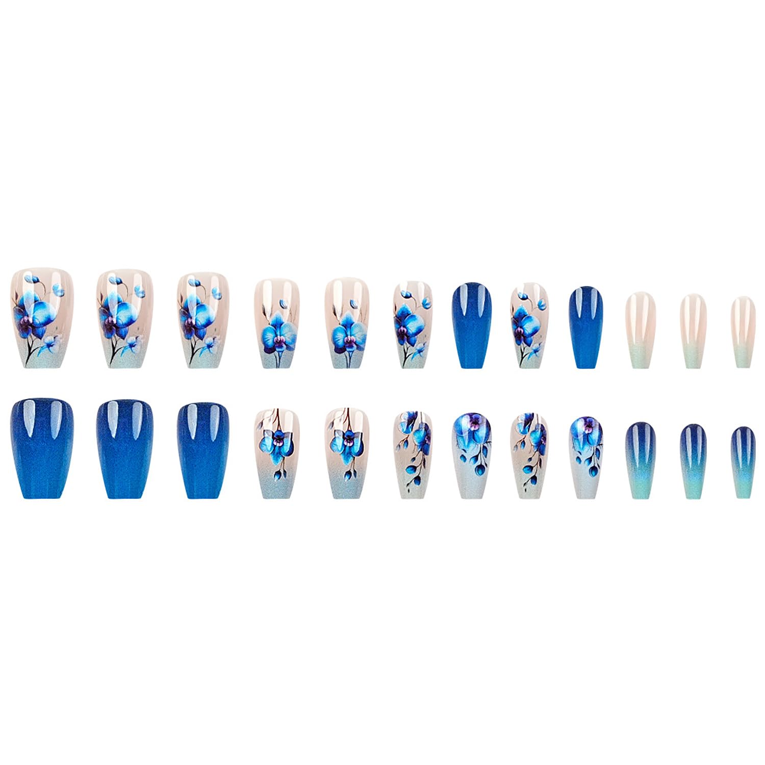 Blue Floral Ombre Press-On Nails Fake Artificial Nails 24 Pcs – Free Shipping