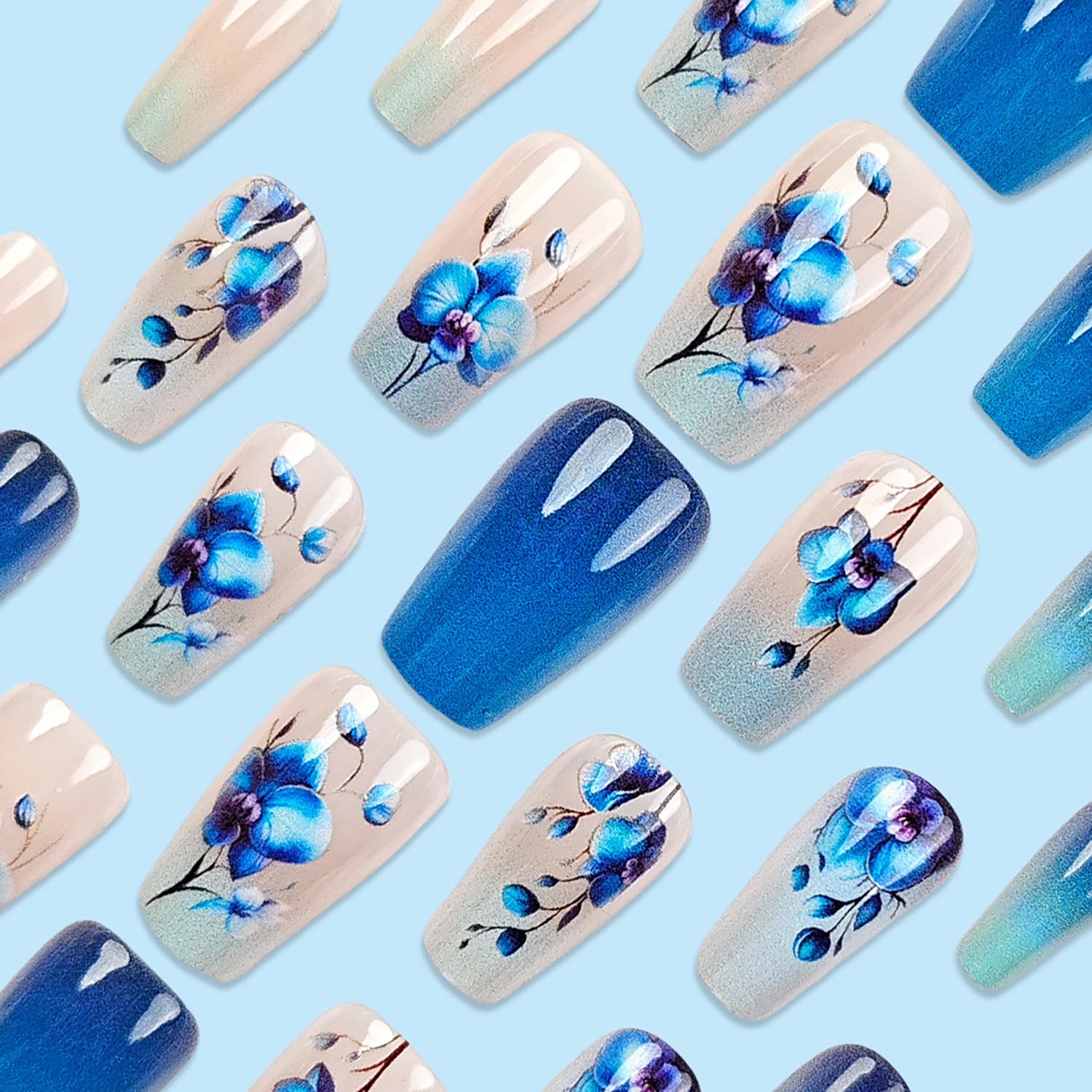 Blue Floral Ombre Press-On Nails Fake Artificial Nails 24 Pcs – Free Shipping