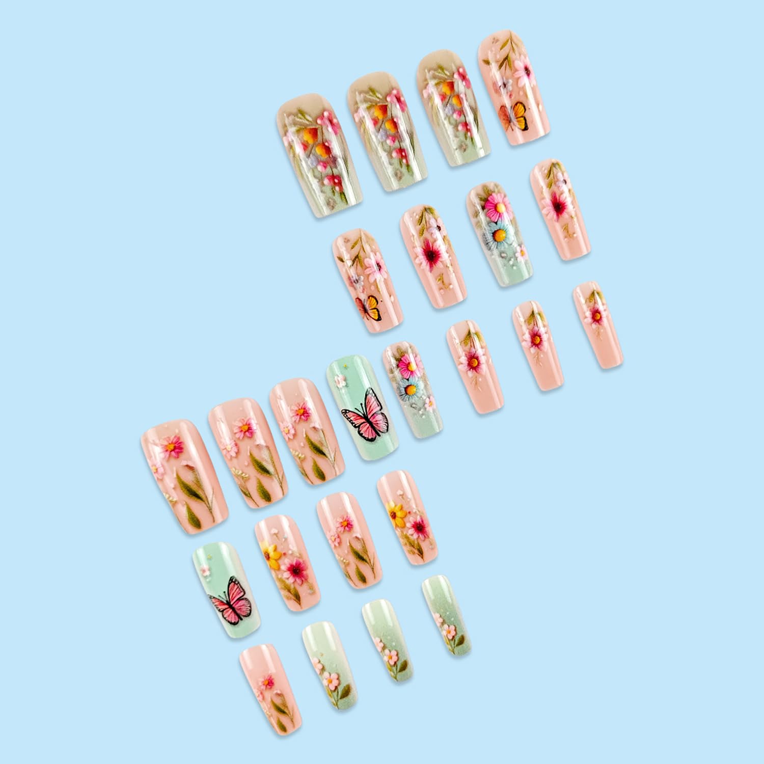 Cute Spring Floral Butterfly Coffin Press-On Nails Artificial Nails 24 Pcs - Free Shipping