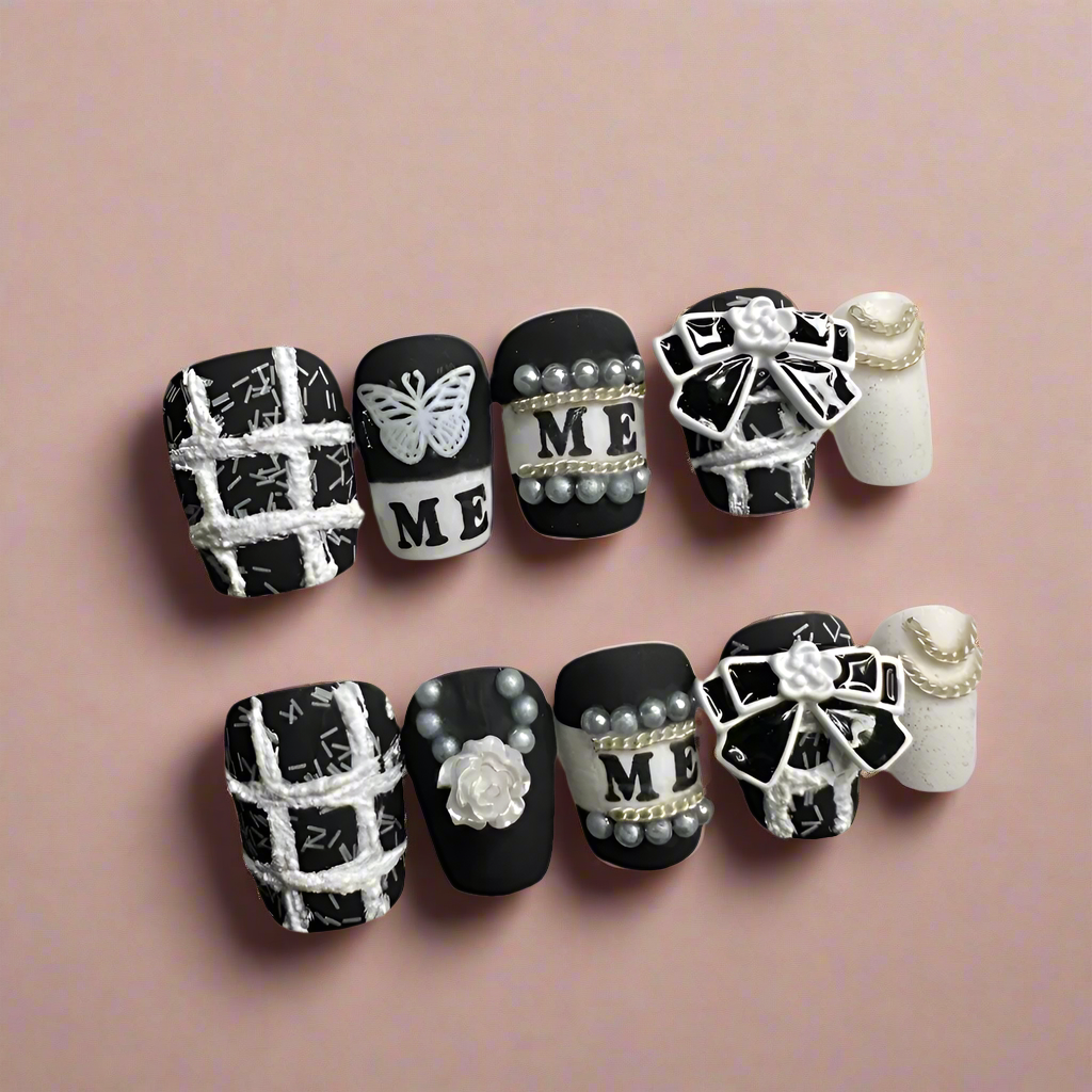 Unique “Me” Black White Bow Pearl 3D Handcrafted Press-On Nails Acrylic False Nails – Free Shipping