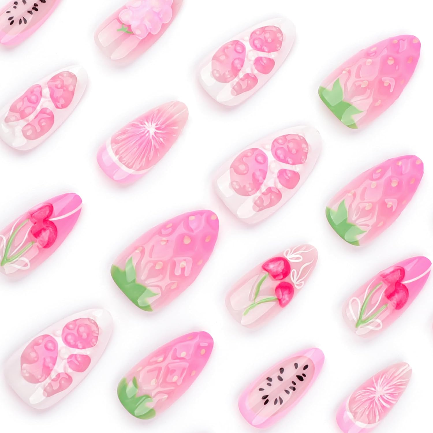 Stylish 3D Pink Cherry Grape Press-On Nails Fake Nails 24 Pcs - Free Shipping