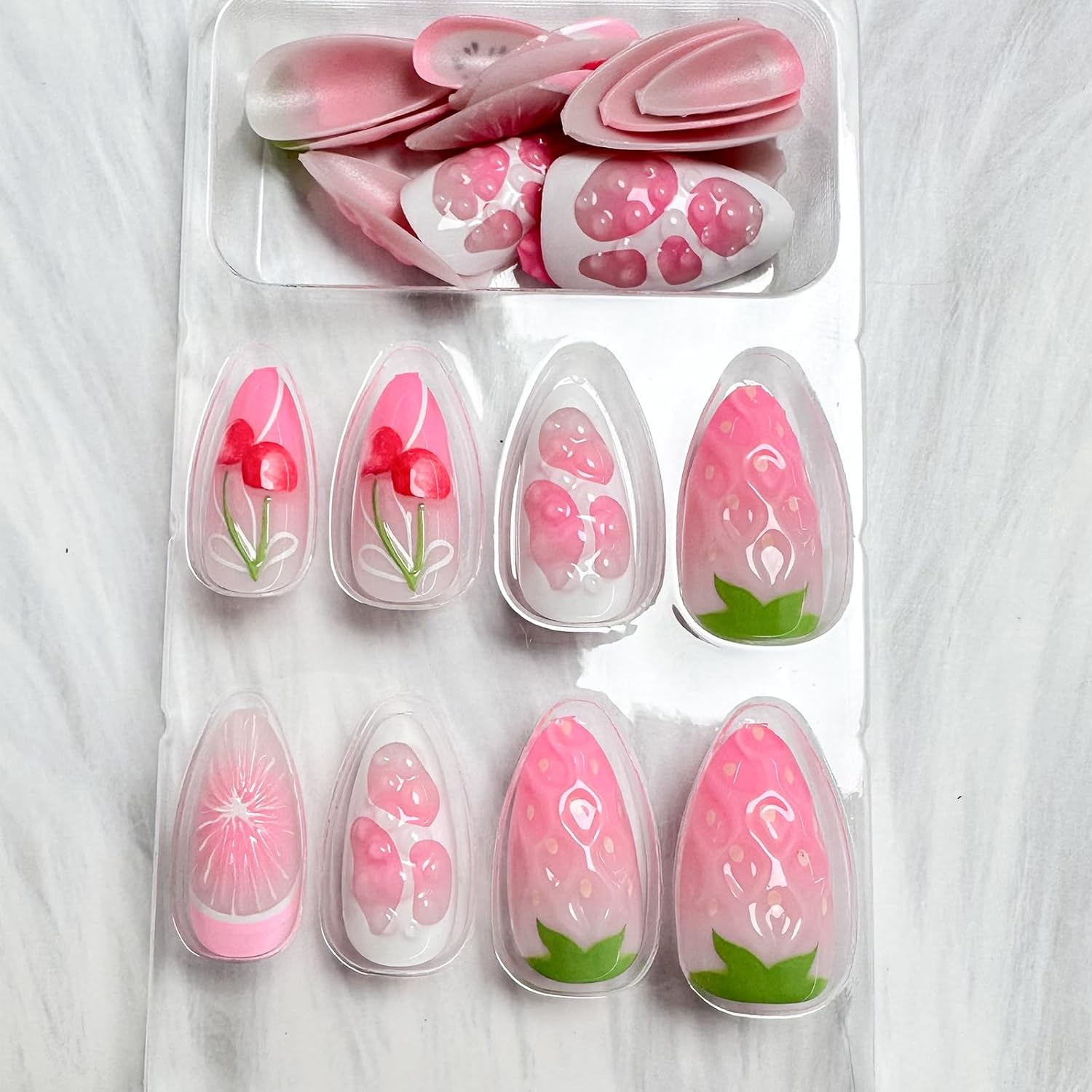 Stylish 3D Pink Cherry Grape Press-On Nails Fake Nails 24 Pcs - Free Shipping