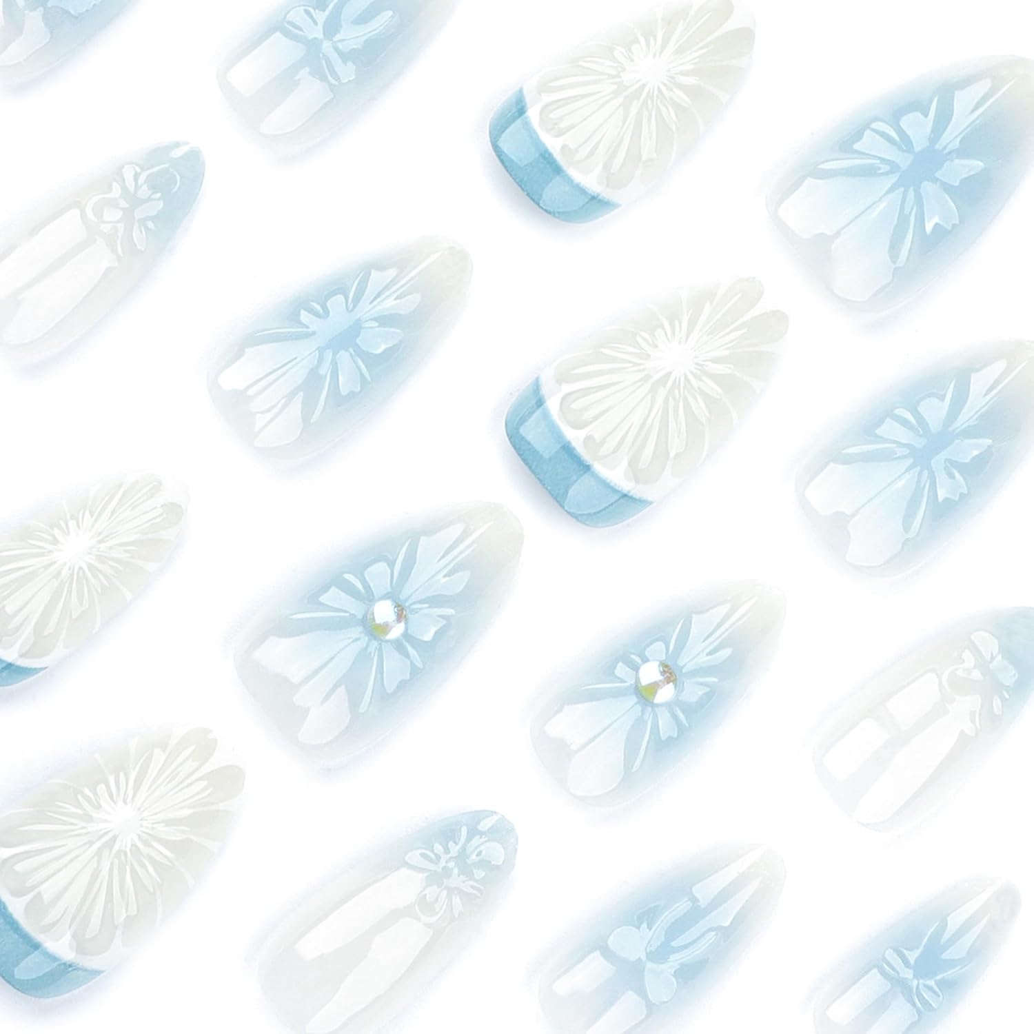 Chic Blue Bow 3D Ombre Floral Press-On Nails Artificial Nails 24 Pcs - Free Shipping