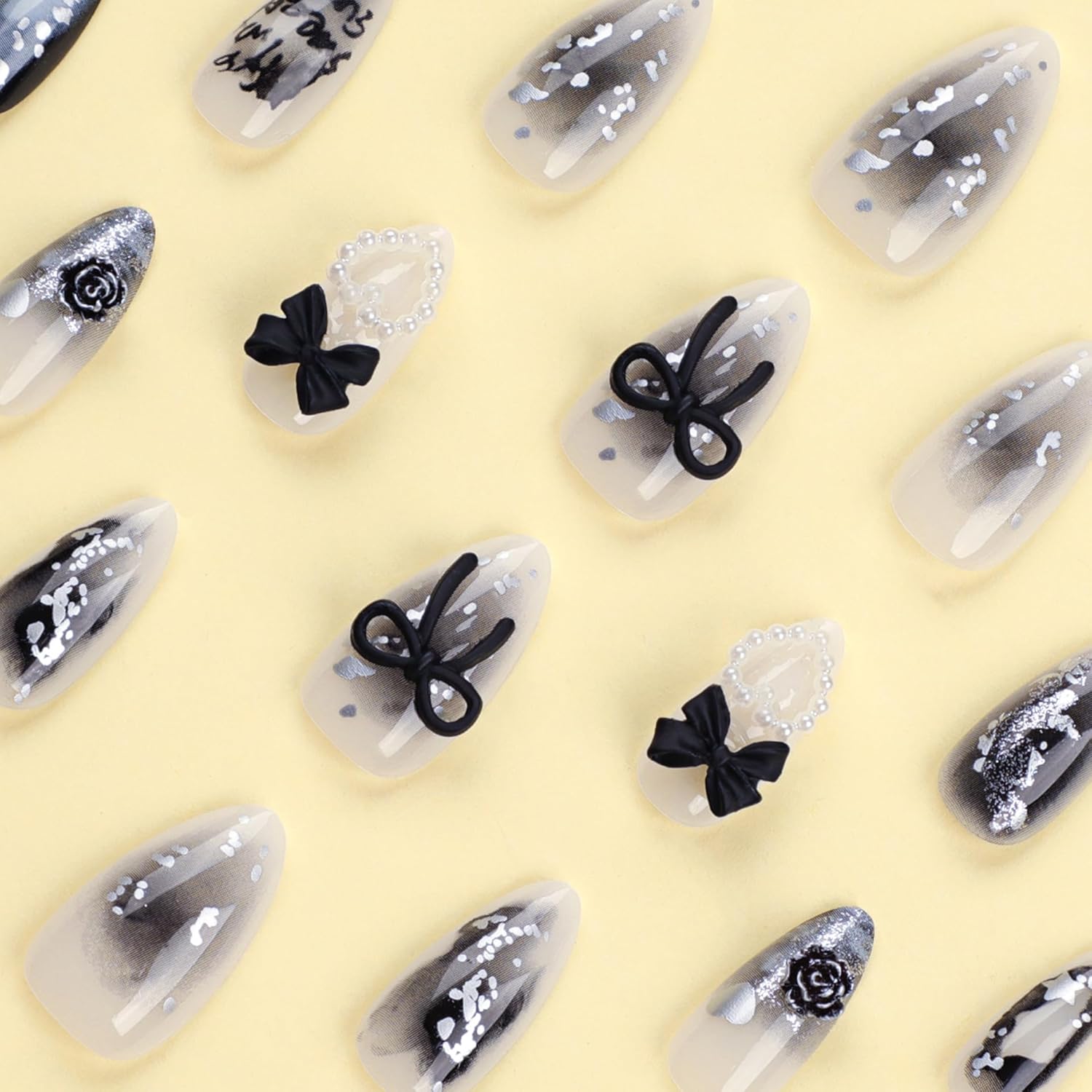 Elegant Black White 3D Ribbon Press-On Nails Artificial Nails 24 Pcs - Free Shipping