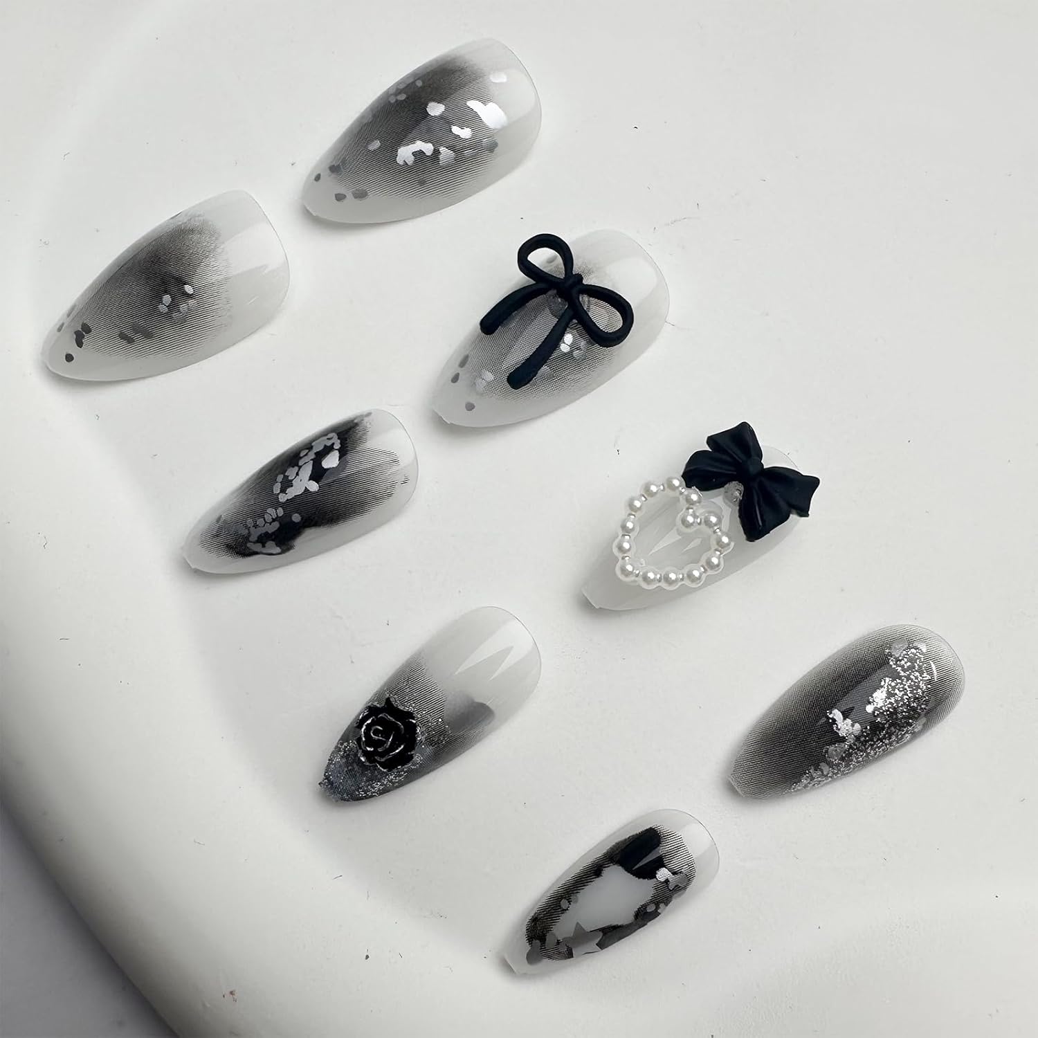 Elegant Black White 3D Ribbon Press-On Nails Artificial Nails 24 Pcs - Free Shipping