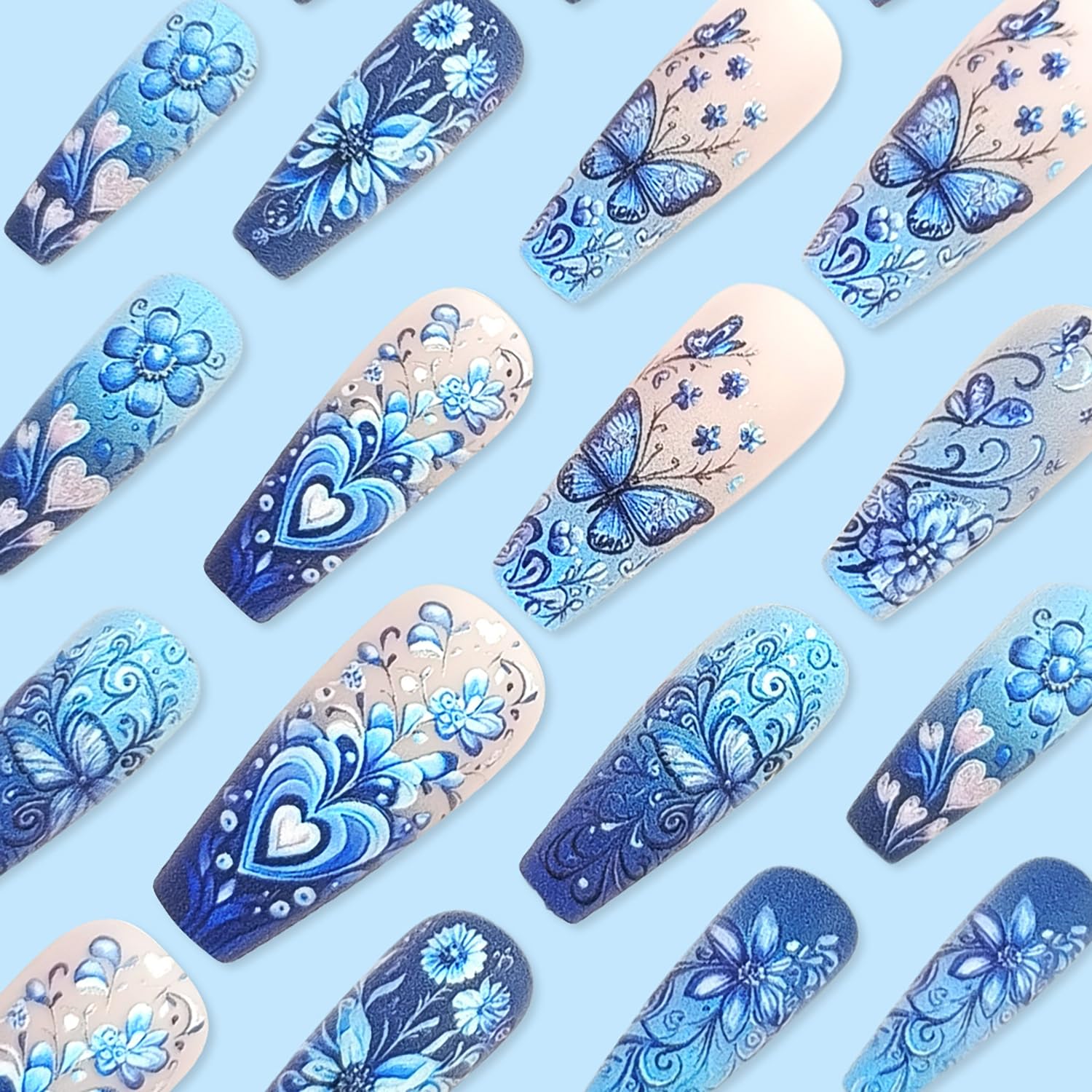 Stylish Blue Floral Butterfly Hearts Press-On Nails Artificial Nails 24 Pcs - Free Shipping