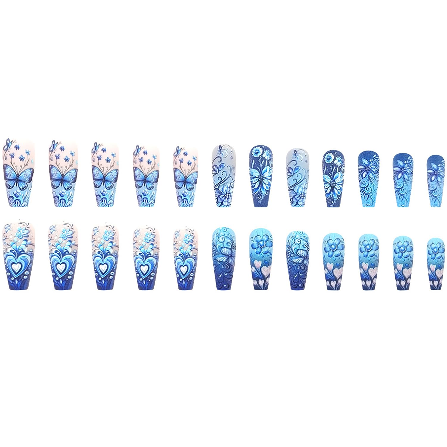 Stylish Blue Floral Butterfly Hearts Press-On Nails Artificial Nails 24 Pcs - Free Shipping