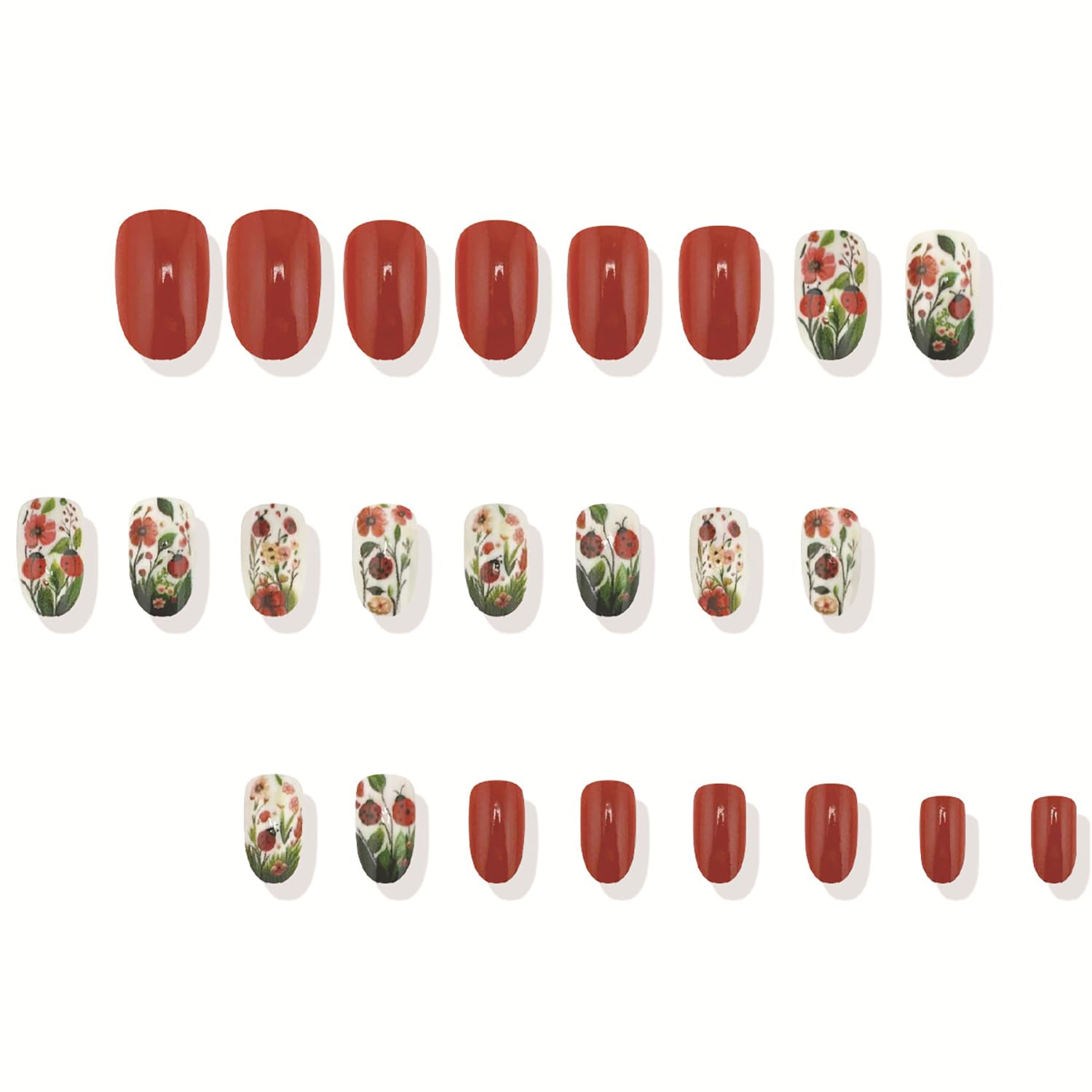 Cute Ladybug Floral Spring Ombre Press-On Nails Artificial Nails 24 Pcs - Free Shipping