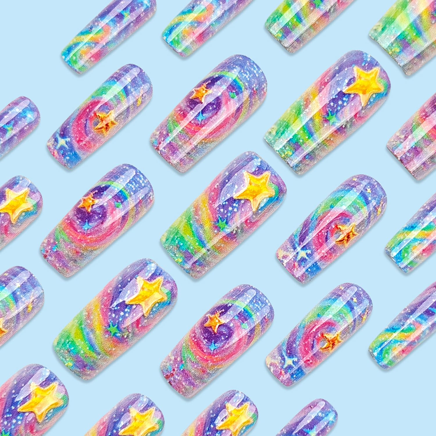 Colorful Glitter Swirl Star Galaxy Press-On Nails Artificial Nails 24 Pcs-Free Shipping