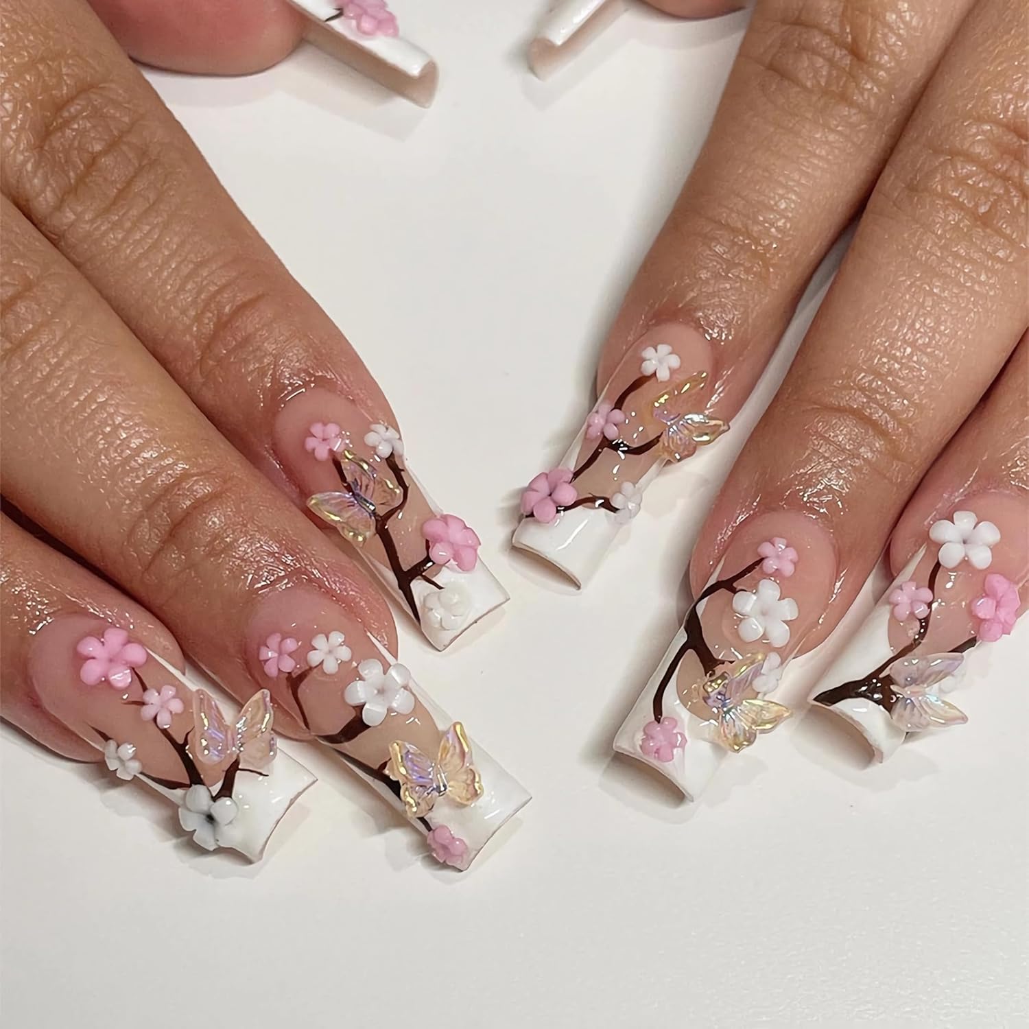 Cherry Blossom 3D Butterfly French Flower Press-On Nails Artificial Nails 24 Pcs - Free Shipping
