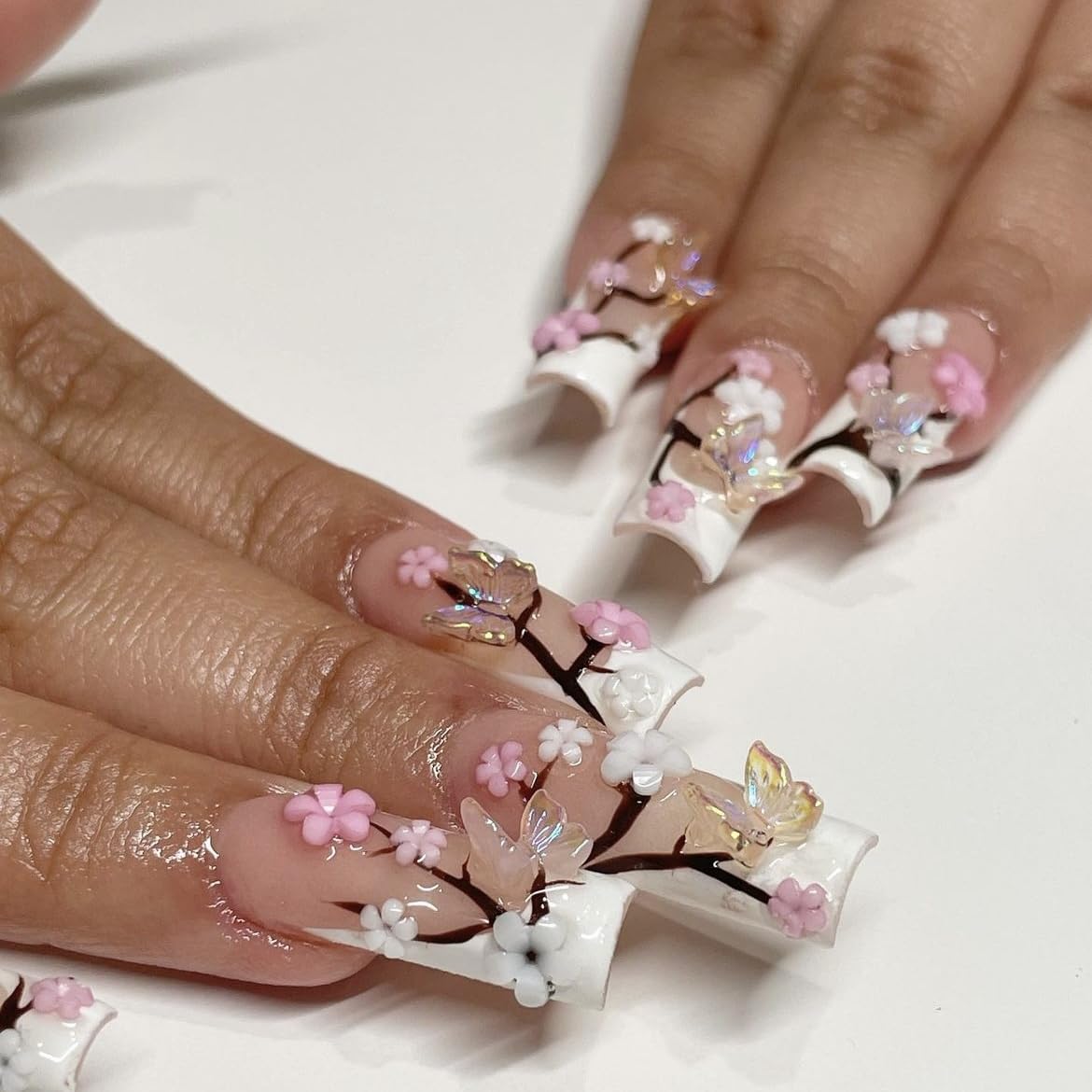 Cherry Blossom 3D Butterfly French Flower Press-On Nails Artificial Nails 24 Pcs - Free Shipping