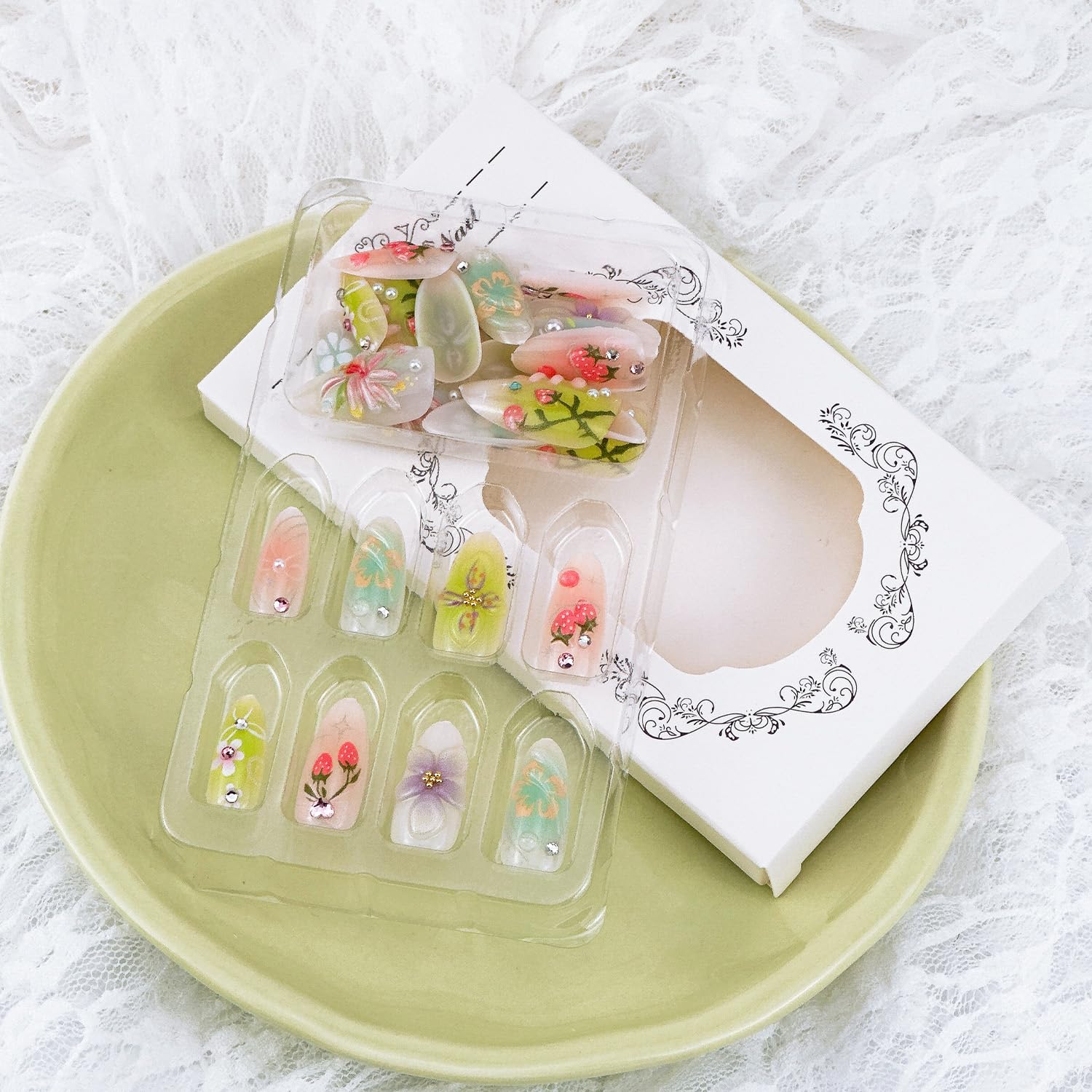 Cute Floral Almond 3D Colorful Rhinestone Press-On Nails Fake Nails 30 Pcs – Free Shipping