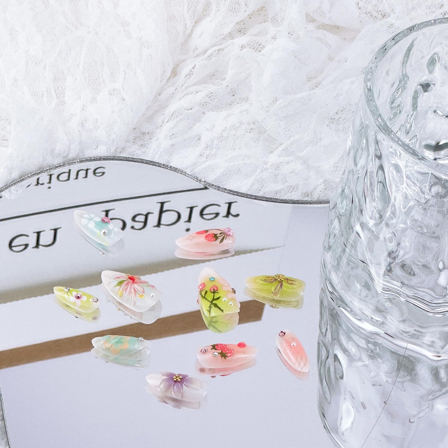 Cute Floral Almond 3D Colorful Rhinestone Press-On Nails Fake Nails 30 Pcs – Free Shipping